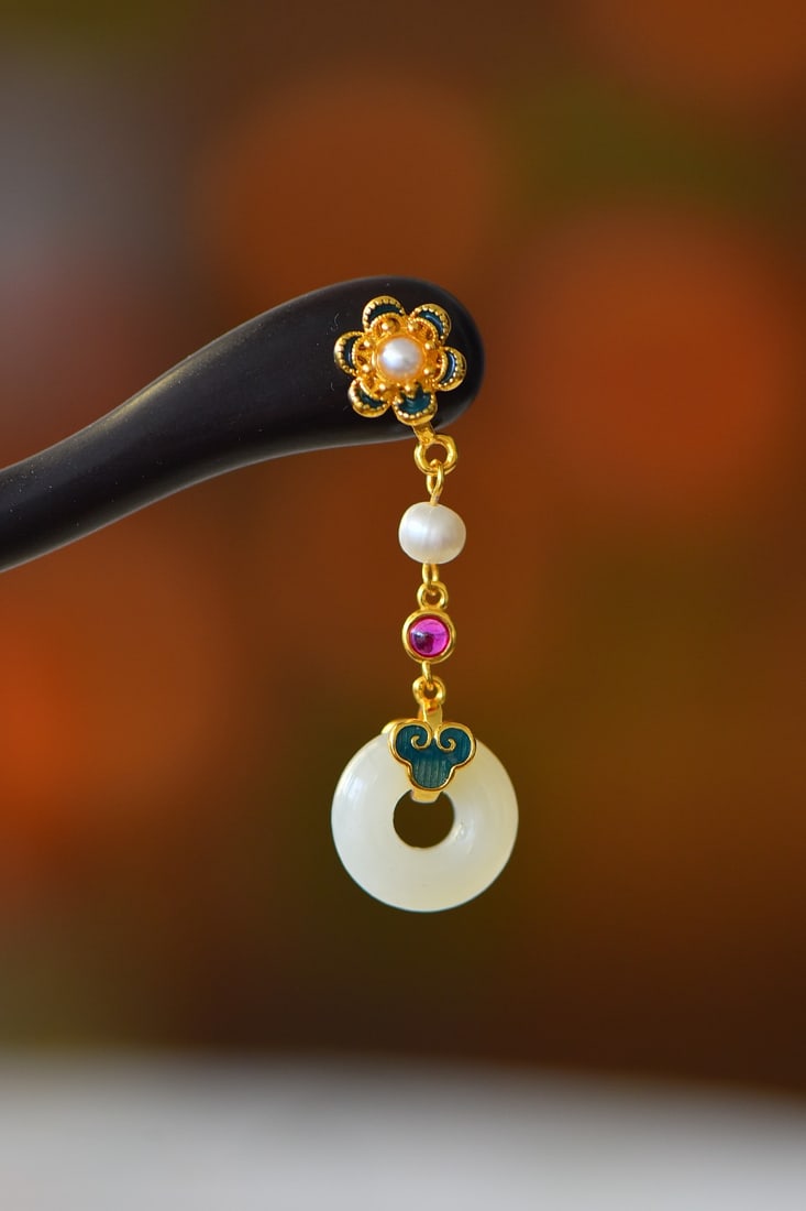An Exquisite Sterling Silver-Gold Plated Inlaid White Jade Ebony Hairpin,Inlaid Pearl: An Exquisite Sterling Silver-Gold Plated Inlaid White Jade Ebony Hairpin,Inlaid Pearl