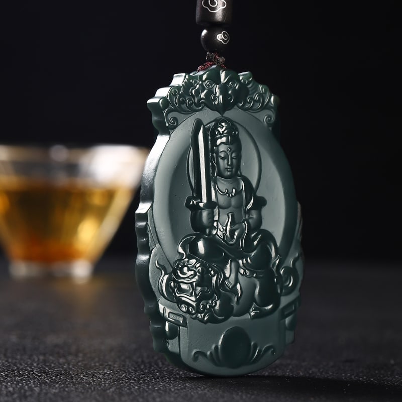 An Exquisite Cyan jade Statue of Manjusri Pendant: An Exquisite Cyan jade Statue of Manjusri Pendant,Size:67mmx40mmx8mm 青玉文殊菩萨像挂件