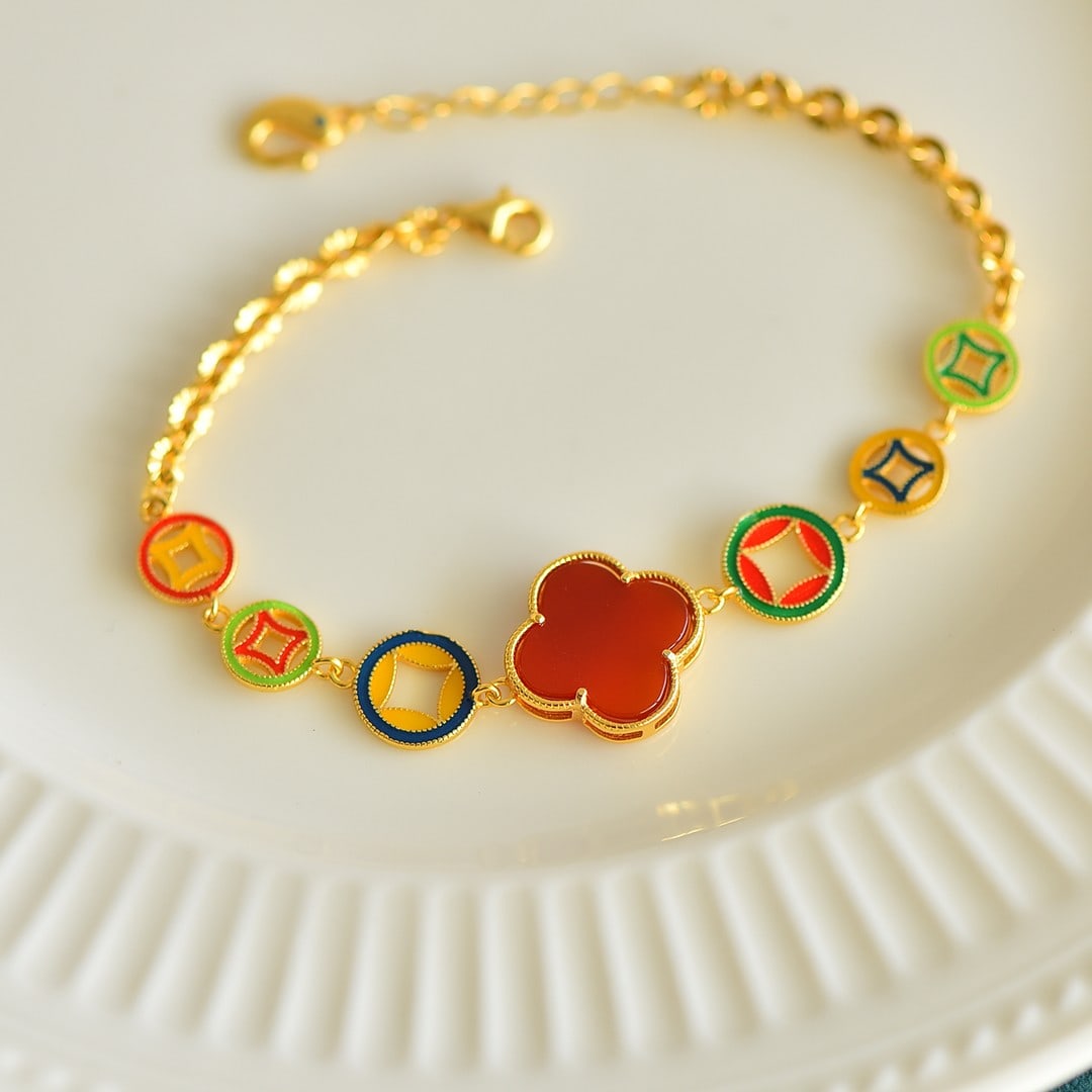 An Exquisite Sterling Silver-Gold Plated Inlaid Agate Bracelets: An Exquisite Sterling Silver-Gold Plated Inlaid Agate Bracelets,Size:14mmx14mm 纯银镀金镶玛瑙手链