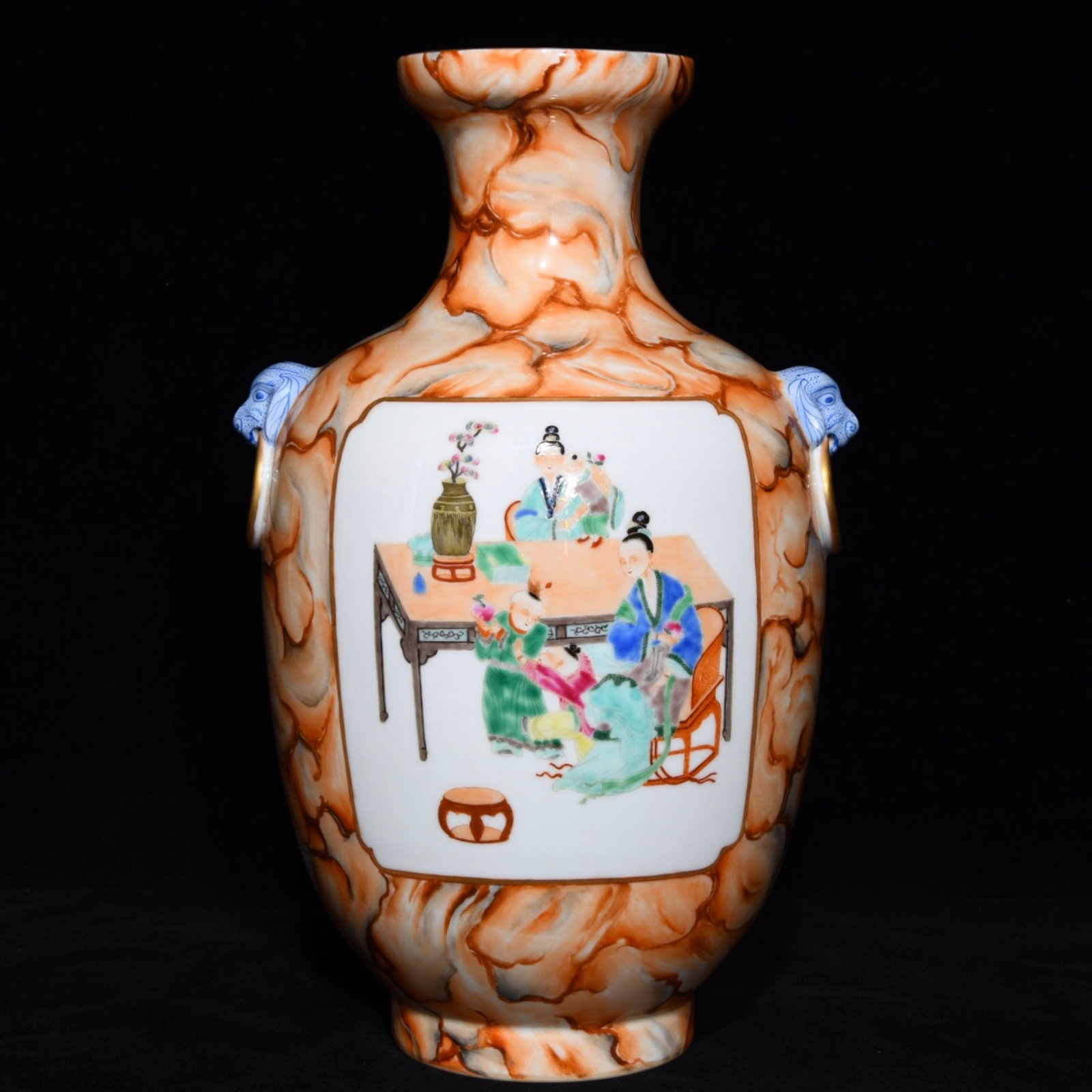 A Rare Marble Glazed Figure and Story Pattern Beast-Ears Vase: A Rare Marble Glazed Figure and Story Pattern Beast-Ears Vase,Qing Dynasty,China,Yongzheng Six-Character Mark,Size:12.5inx7.7in 石纹釉人物故事纹兽