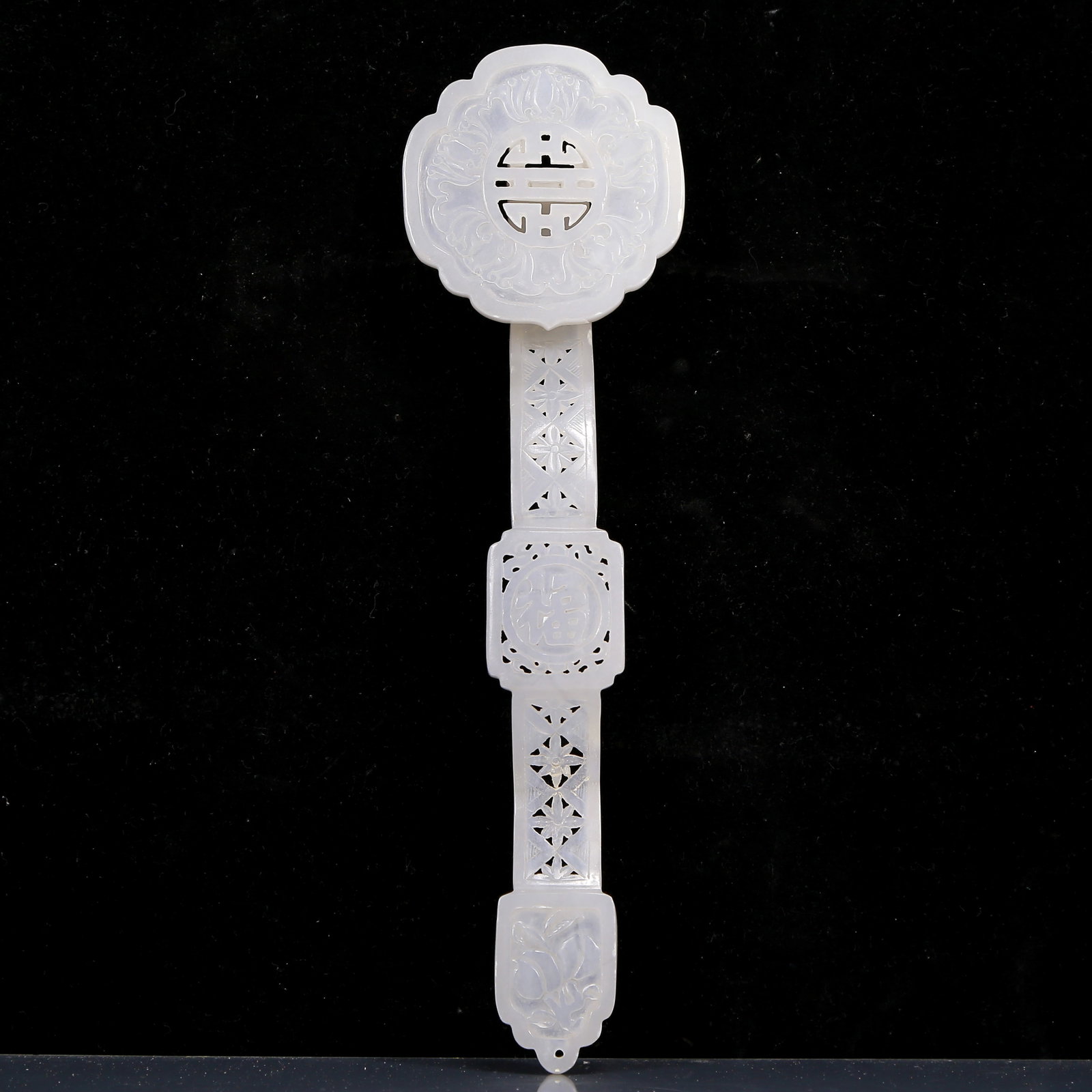 A Rare White Jade Bats and Peach Pattern Ruyi: A Rare White Jade Bats and Peach Pattern Ruyi,Qing Dynasty, China,Size:12inx3.3inx1.6in,Weight:165g 白玉福寿纹如意，清代