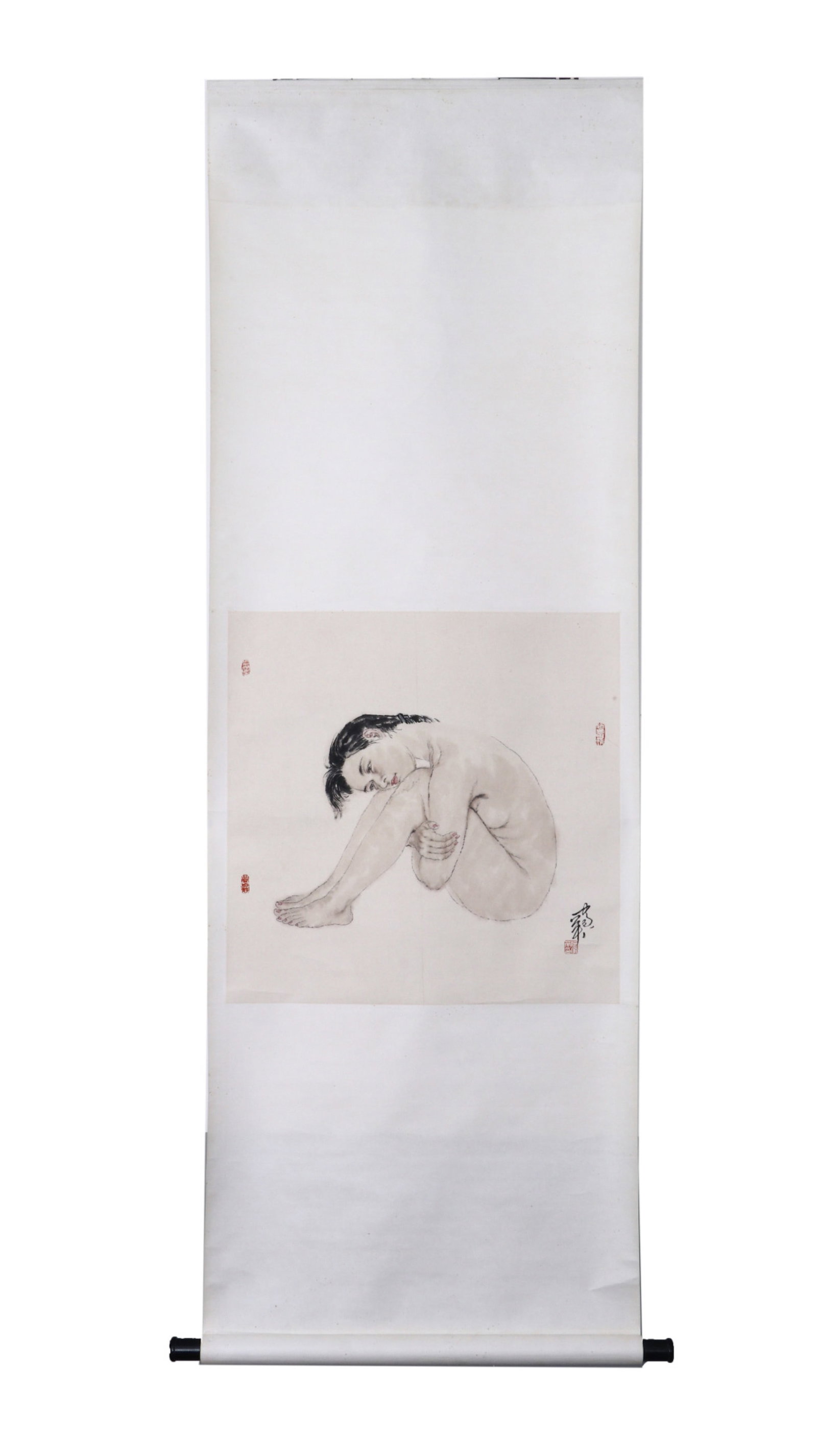 A Chinese Vertical Scroll Ink Painting of Figure on Paper: A Chinese Vertical Scroll Ink Painting of Figure on Paper,He Jiaying,Size:23.6inx23.2in 一幅中国水墨人物画立轴,何家英