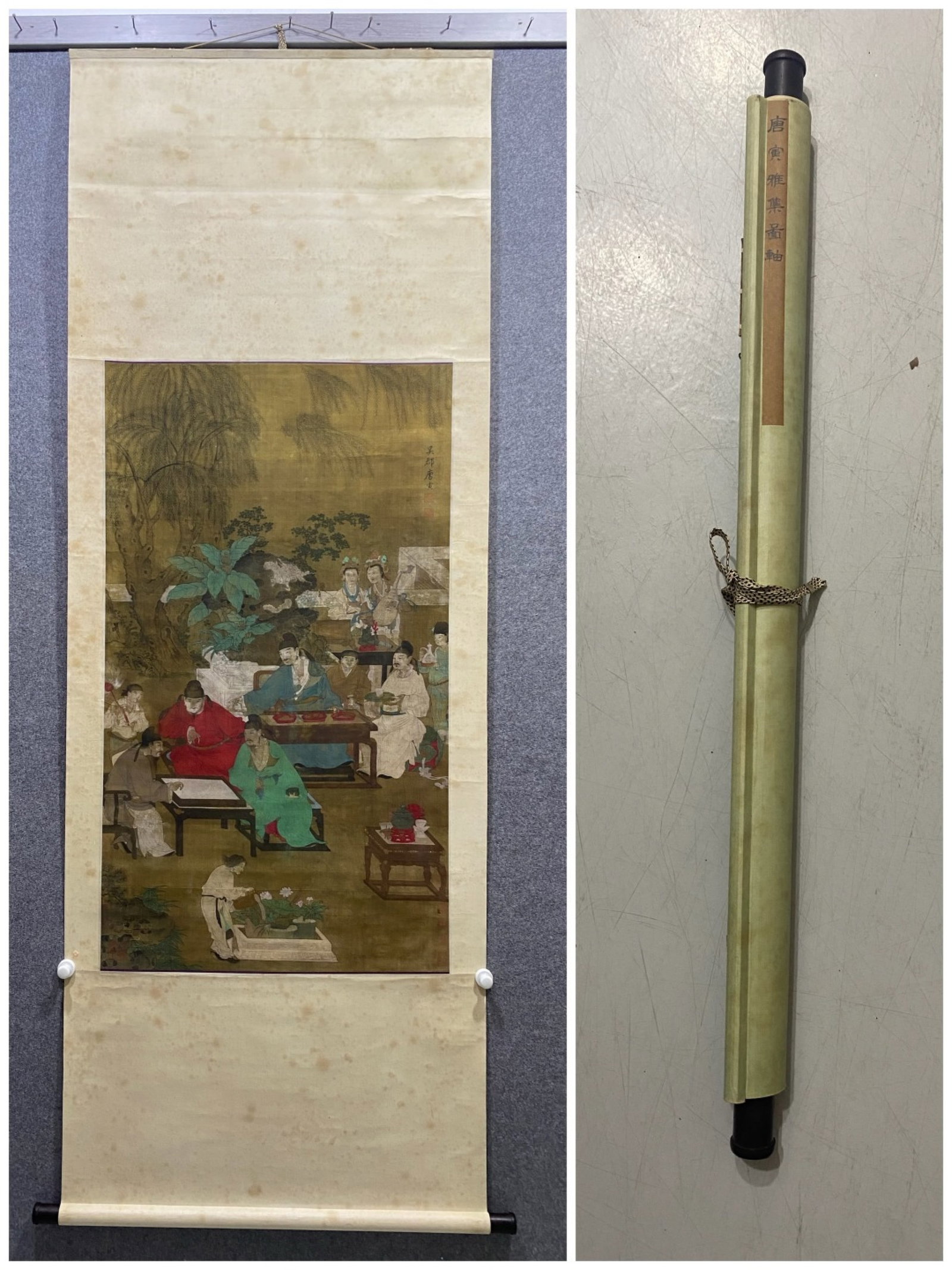 A Chinese Vertical Scroll Ink Painting of Character and Story on Silk: A Chinese Vertical Scroll Ink Painting of Character and Story on Silk,Tang Yin,Size:45.7inx26in 一幅中国水墨绢本人物故事画