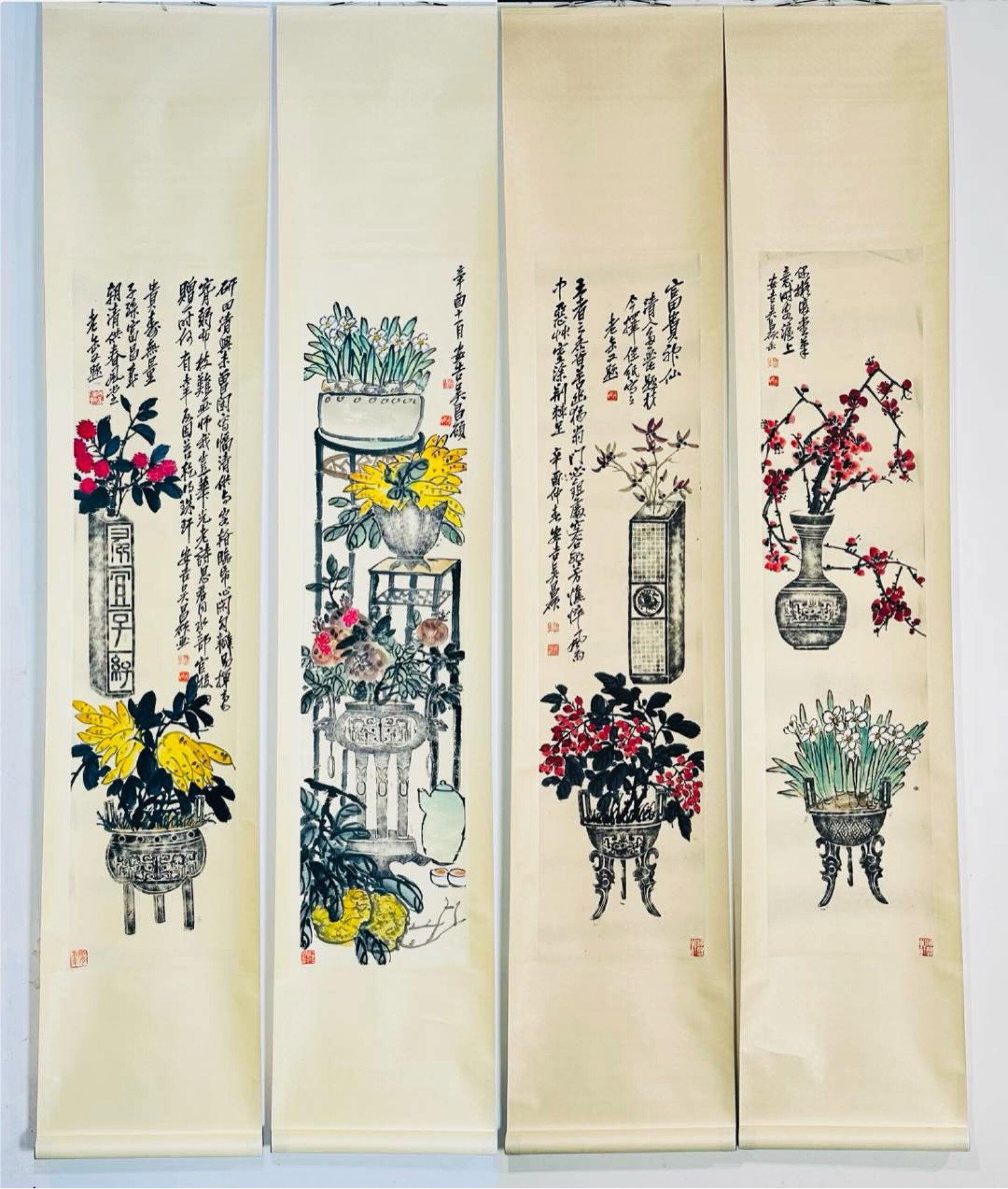 A Set of Chinese Vertical Scroll Ink Painting of Flower on Paper: A Set of Chinese Vertical Scroll Ink Painting of Flower on Paper,Wu Changshuo,Size:(Without Frame)54.3inx12.6in,(Entirety)85.8inx16.9in 一套中国水墨花卉