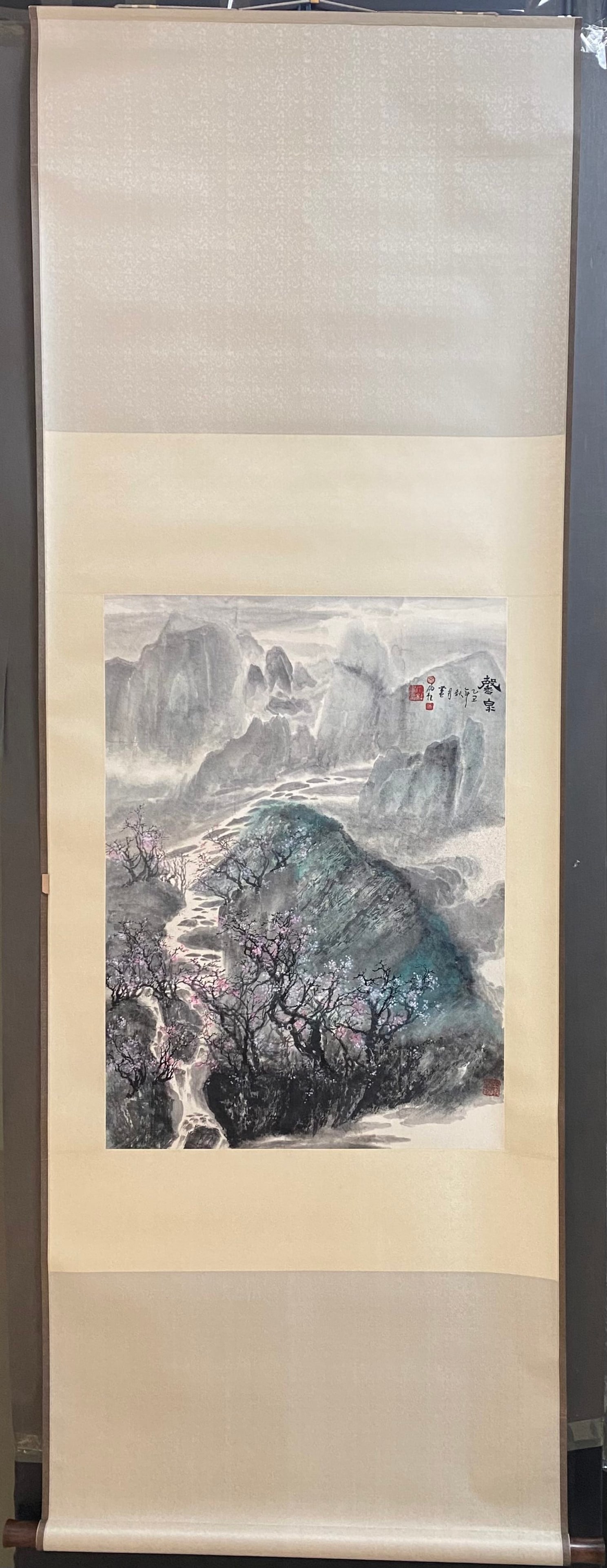 A Chinese Vertical Scroll Ink Painting of Landscape on Paper: A Chinese Vertical Scroll Ink Painting of Landscape on Paper,Song Yugui,Size:31.1inx22.4in 一幅中国水墨山水画立轴,宋雨