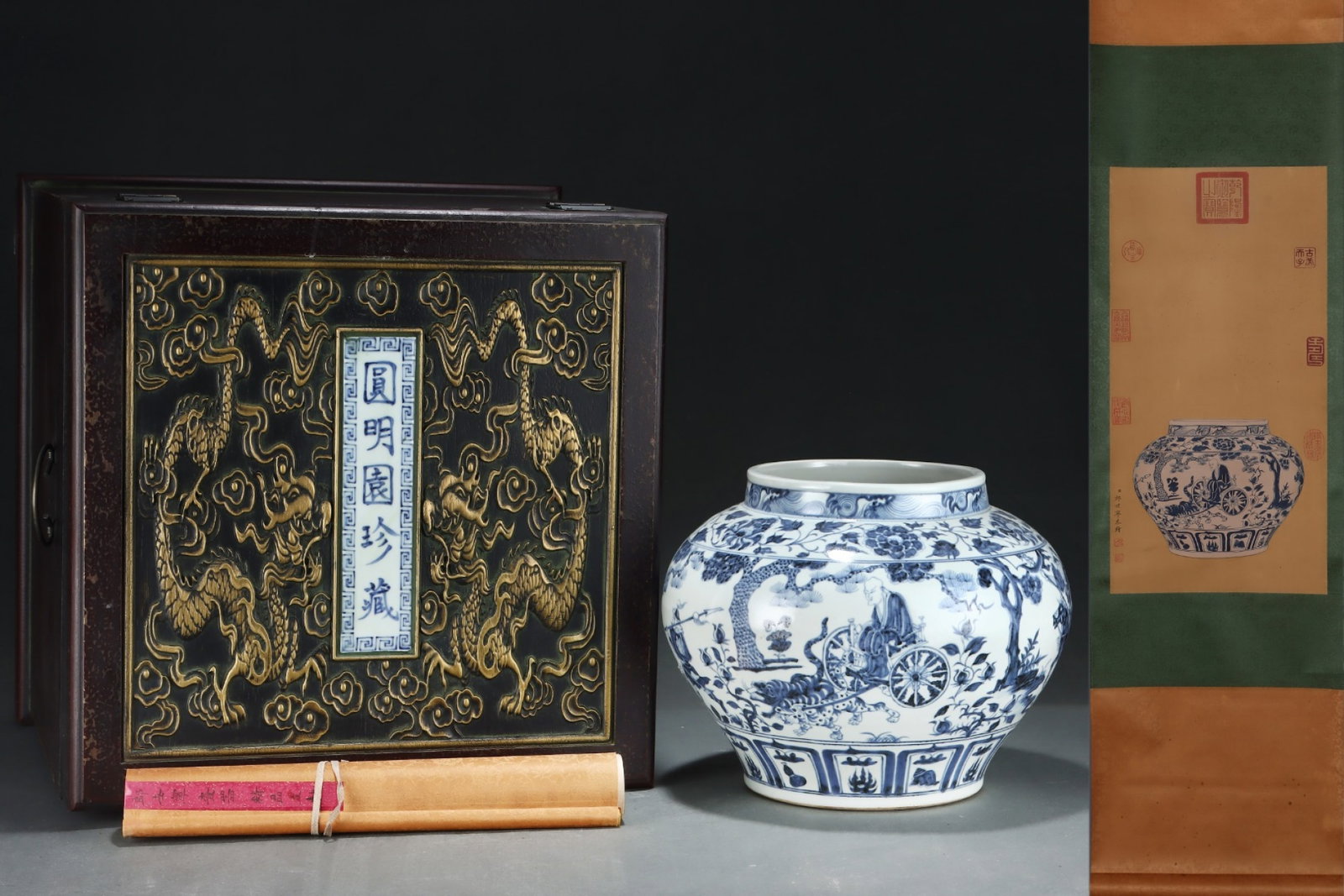 An Exquisite Blue and White Figure and Story Pattern Jar,with Chinese Vertical Scroll Ink Painting: An Exquisite Blue and White Figure and Story Pattern Jar,with Chinese Vertical Scroll Ink Painting on Silk,Yuan Dynasty,China,Size:(Without Frame)24.6inx12.6in,(Porcelain)10.2inx13.1in 青花
