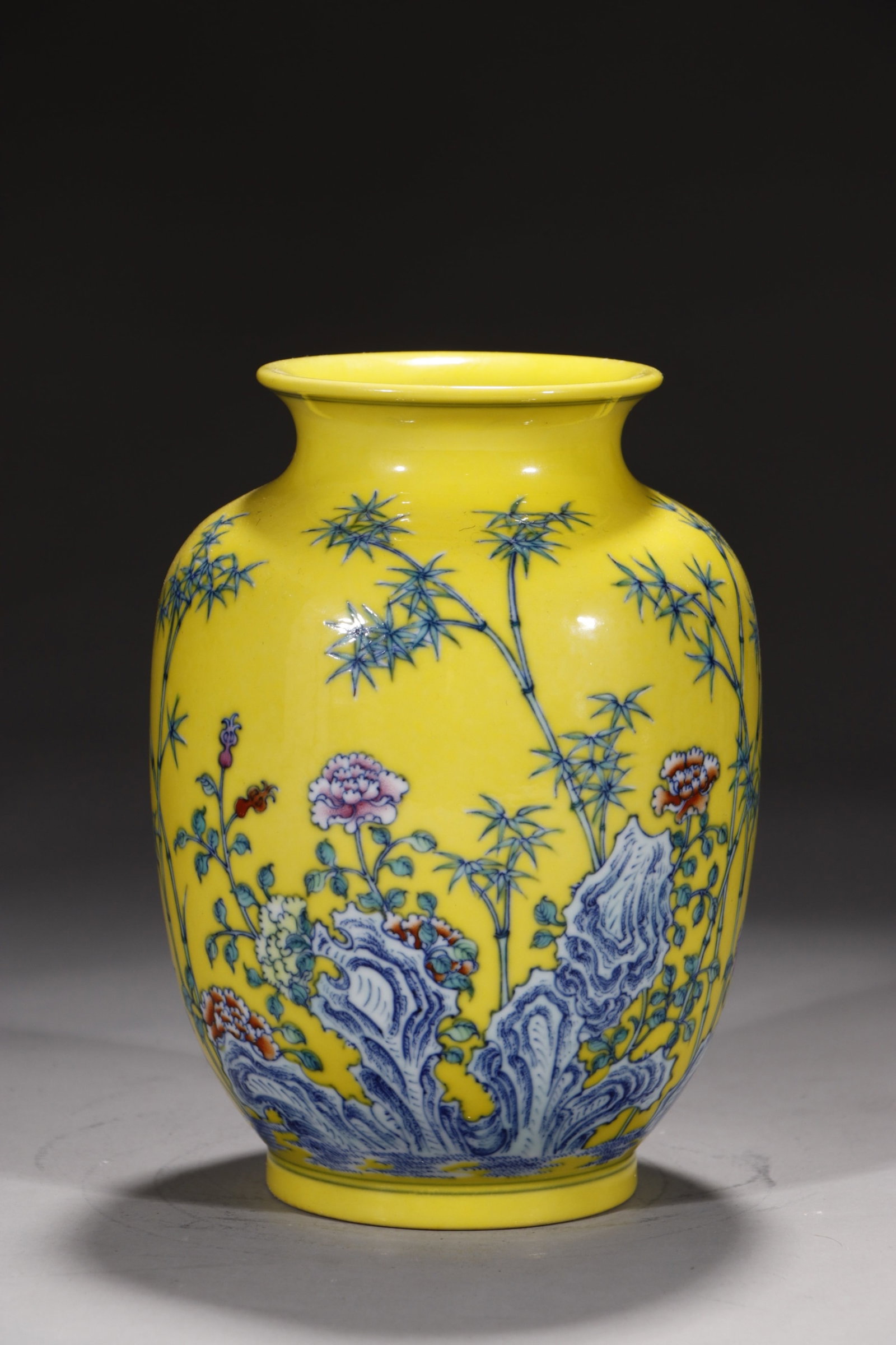 An Exquisite Yellow Ground Doucai Flower and Bird Pattern Vase: An Exquisite Yellow Ground Doucai Flower and Bird Pattern Vase,Qing Dynasty,China,Yongzheng Six-character Mark,Size:7.1in