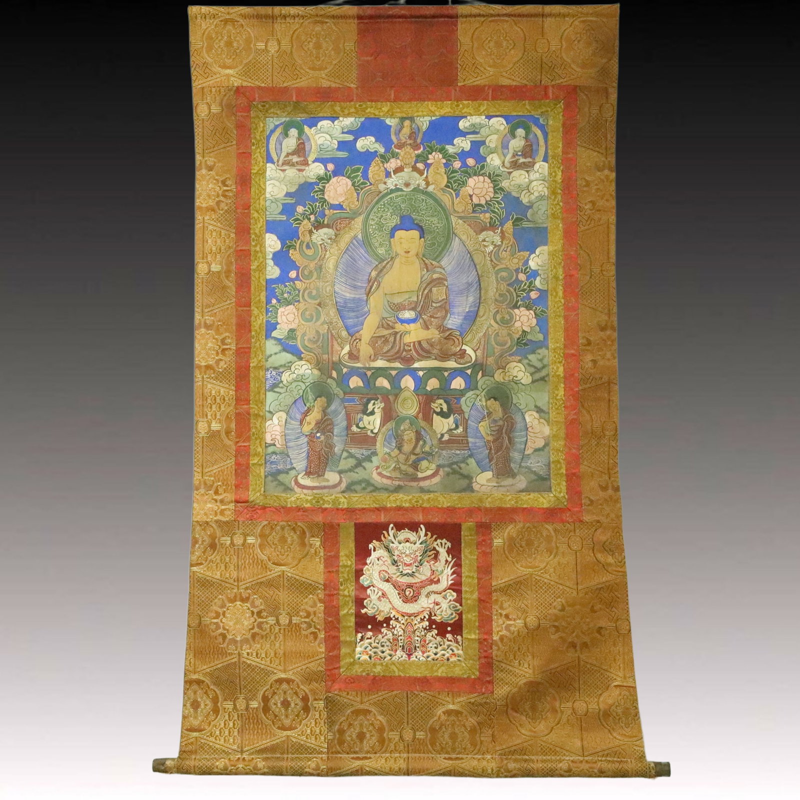 A Rare Brocade Painted Color Statue of Sakyamuni Tangka: A Rare Brocade Painted Color Statue of Sakyamuni Tangka,Qing Dynasty, China,Size:36.6inx61.8in