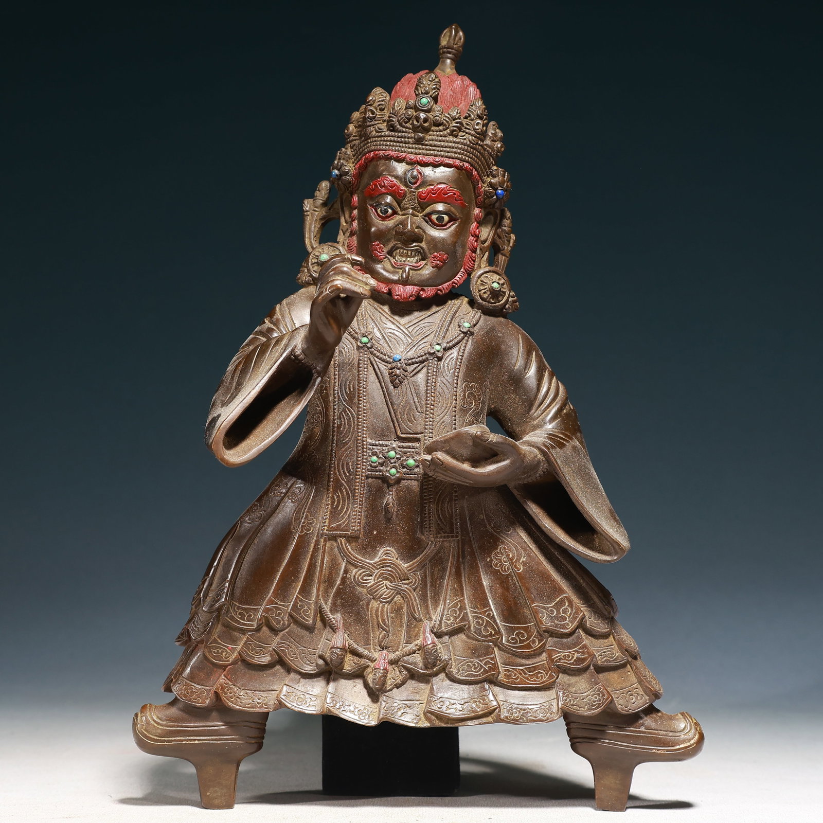 A Solemn Bronze Statue of Mammon,Inlaid Turquoise: A Solemn Bronze Statue of Mammon,Inlaid Turquoise,Qing Dynasty,China,Size:8.3inx1.6inx11.8in,Weight:3200g 铜财神像,嵌绿松石,中国清