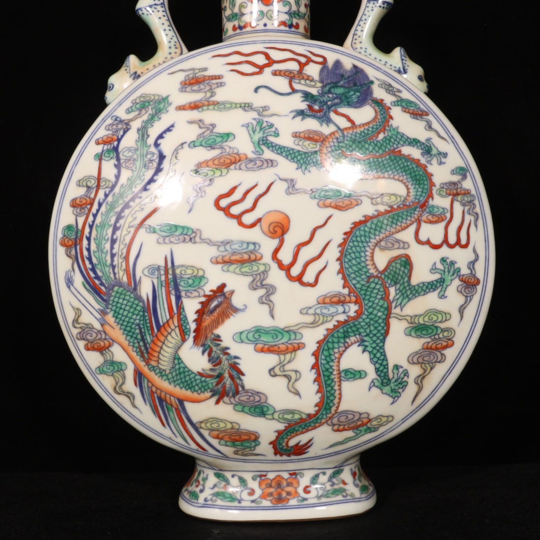 A Rare Doucai Dragon and Phoenix Pattern Double-Ears Vase: A Rare Doucai Dragon and Phoenix Pattern Double-Ears Vase,Qing Dynasty,China,Qianlong Six-character Mark,Size:12.6inx8.7in