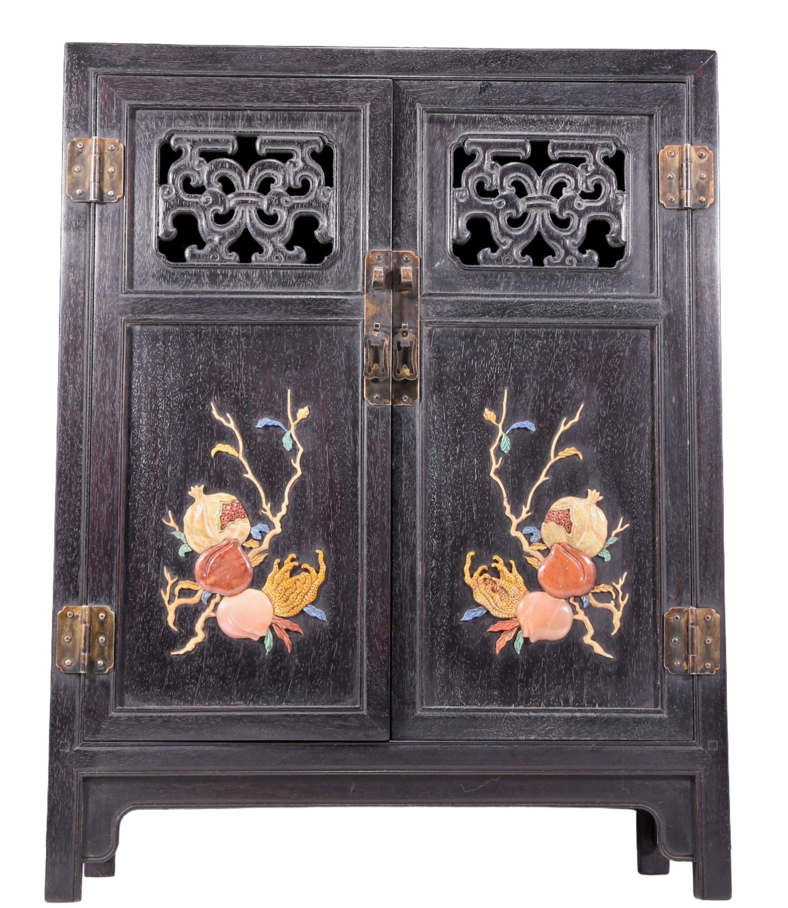 An exquisite zitanwood cabinet inlaid with gems and patterns of fortune, wealth, longevity and: An exquisite zitanwood cabinet with gem-inlaid patterns of fortune, wealth, longevity, and happiness, dating from the Qing Dynasty in China, using zitanwood as the base material and filled with lacque