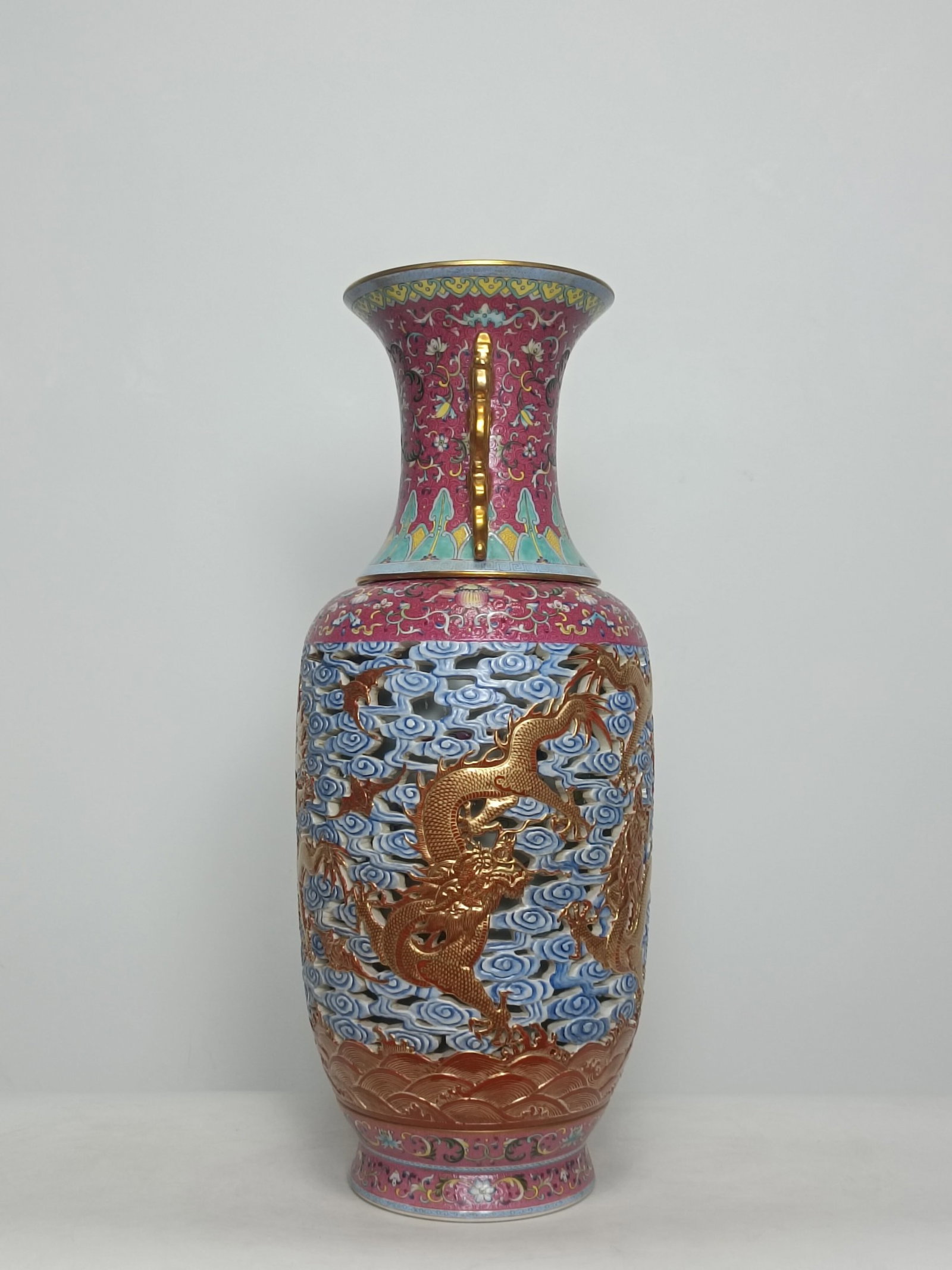 A Huge Enamel Ruby Red-Glazed Auspicious Cloud and Dragon Pattern Double-Ears Vase - 2