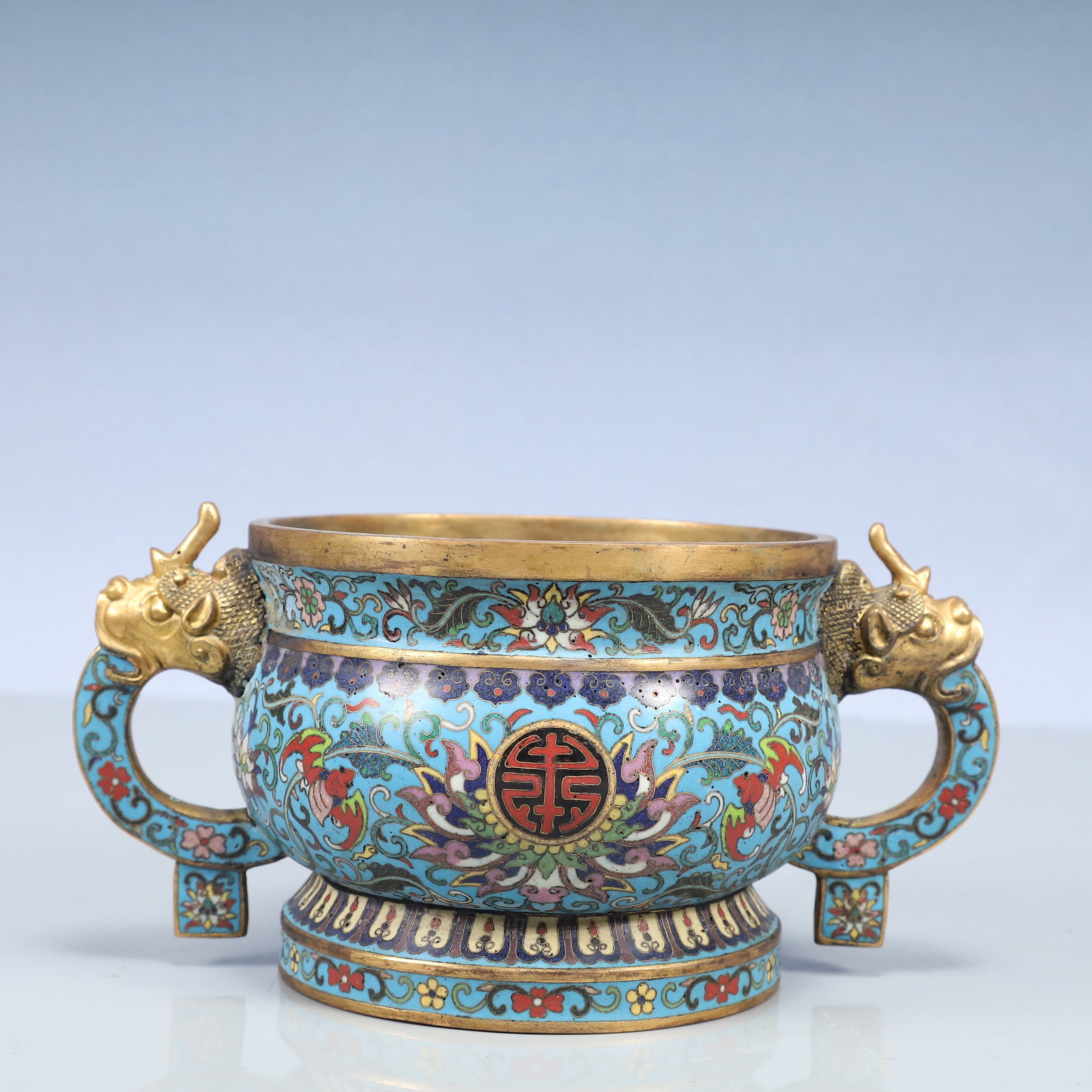 An Exquisite Cloisonne Lotus Pattern Beast-Ears Censer: An Exquisite Cloisonne Lotus Pattern Beast-Ears Censer,Qing Dynasty, China,Qianlong Four-character Mark,Size:8.5inx5.5inx4.3in,Weight:1100g