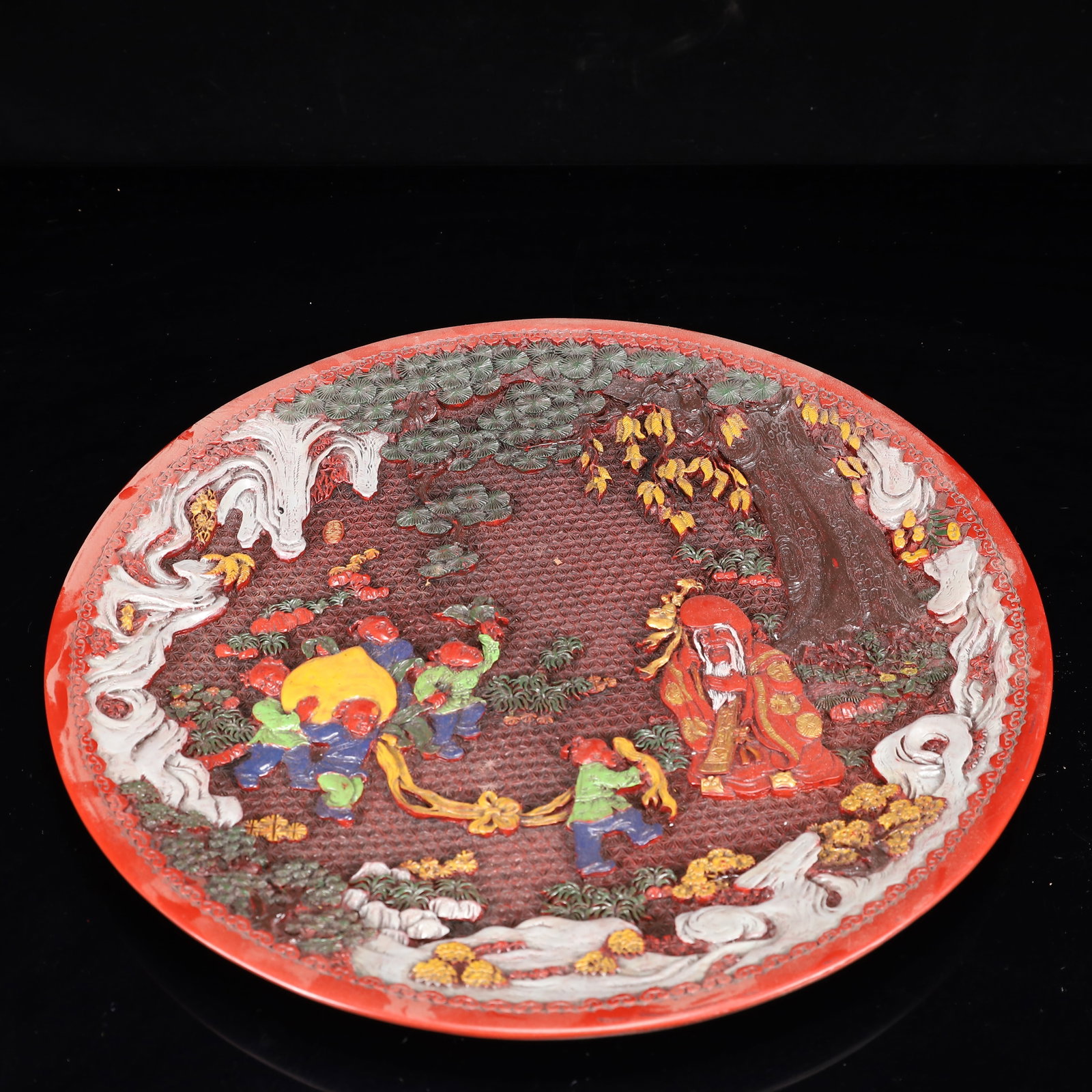 A Rare Carved Red Lacquer Painted Color Figure Pattern Plate: A Rare Carved Red Lacquer Painted Color Figure Pattern Plate,Qing Dynasty, China,Qianlong Four-character Mark,Size:14.6inx1.2in,Weight:1750g