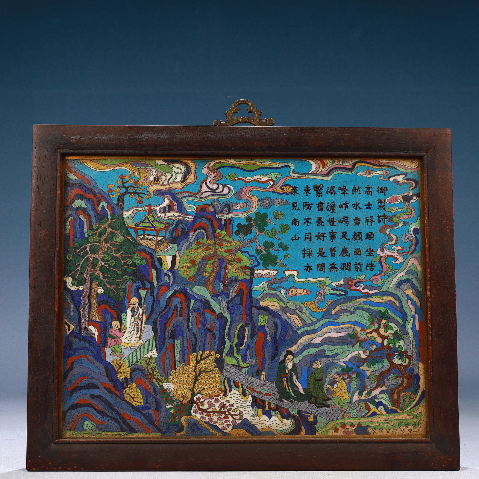 A Rare Zitanwood Inlaid Cloisonne Landscape and Figure Pattern Hanging Panel,With Poem: A Rare Zitanwood Inlaid Cloisonne Landscape and Figure Pattern Hanging Panel,With Poem,Qing Dynasty, China,Size:5.5inx15.4in,Weight:2650g 紫檀木镶景泰蓝ा