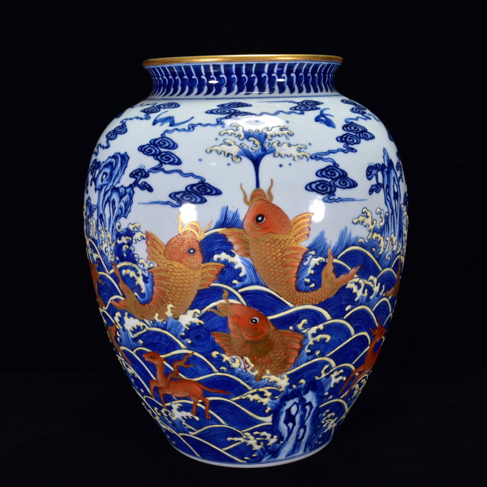 A Rare Blue and White Jiacai Painted Gold Seawater and Fish Pattern Jar: A Rare Blue and White Jiacai Painted Gold Seawater and Fish Pattern Jar,Qing Dynasty,China,Qianlong Six-Character Mark,Size:13inx11in 青花加彩描金海水&#