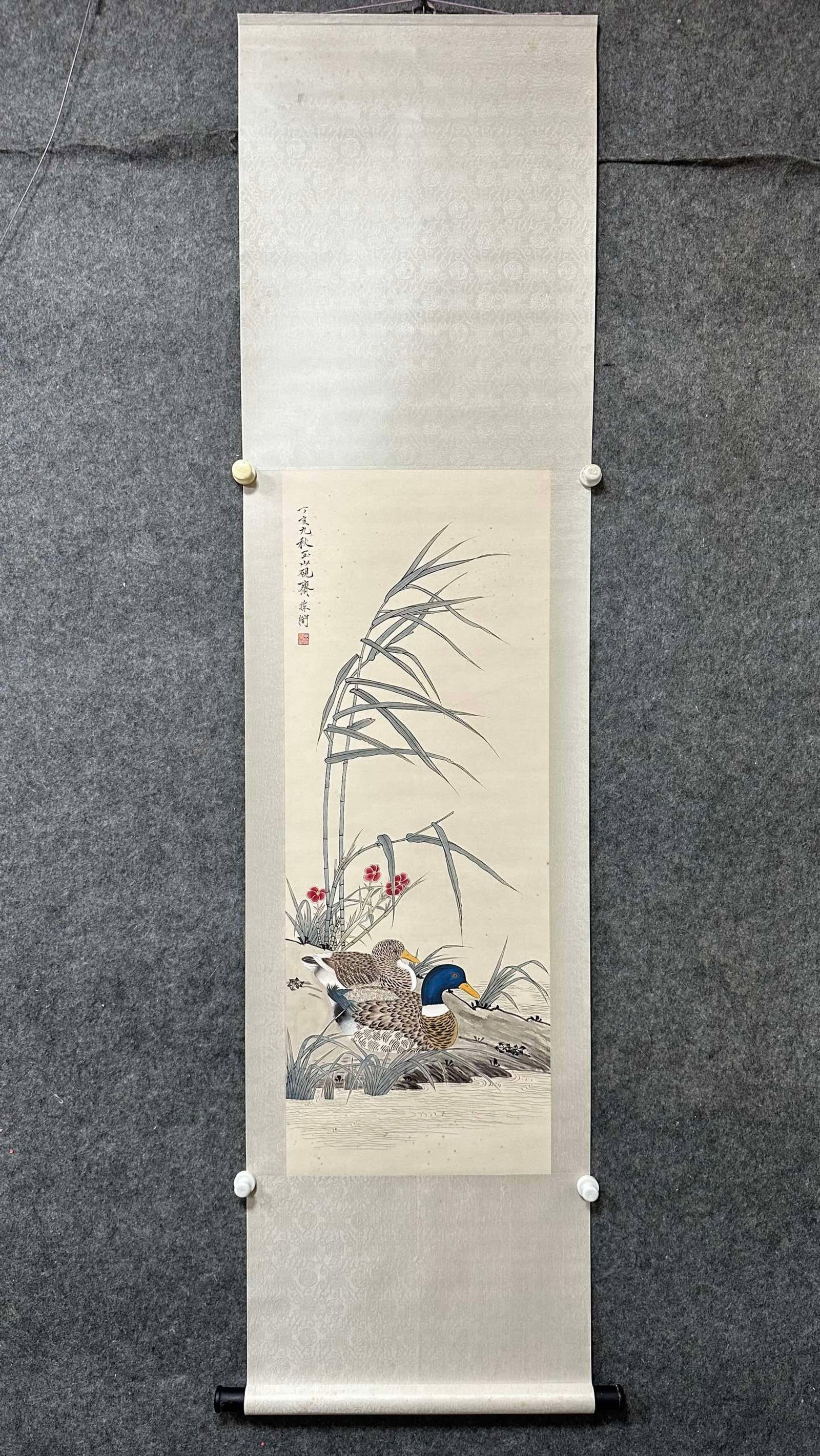 A Chinese Vertical Scroll Ink Painting of Duck on Paper: A Chinese Vertical Scroll Ink Painting of Duck on Paper,Yu Feian,Size:16.1inx42.9in 一幅中国水墨鸭画立轴,于非闇