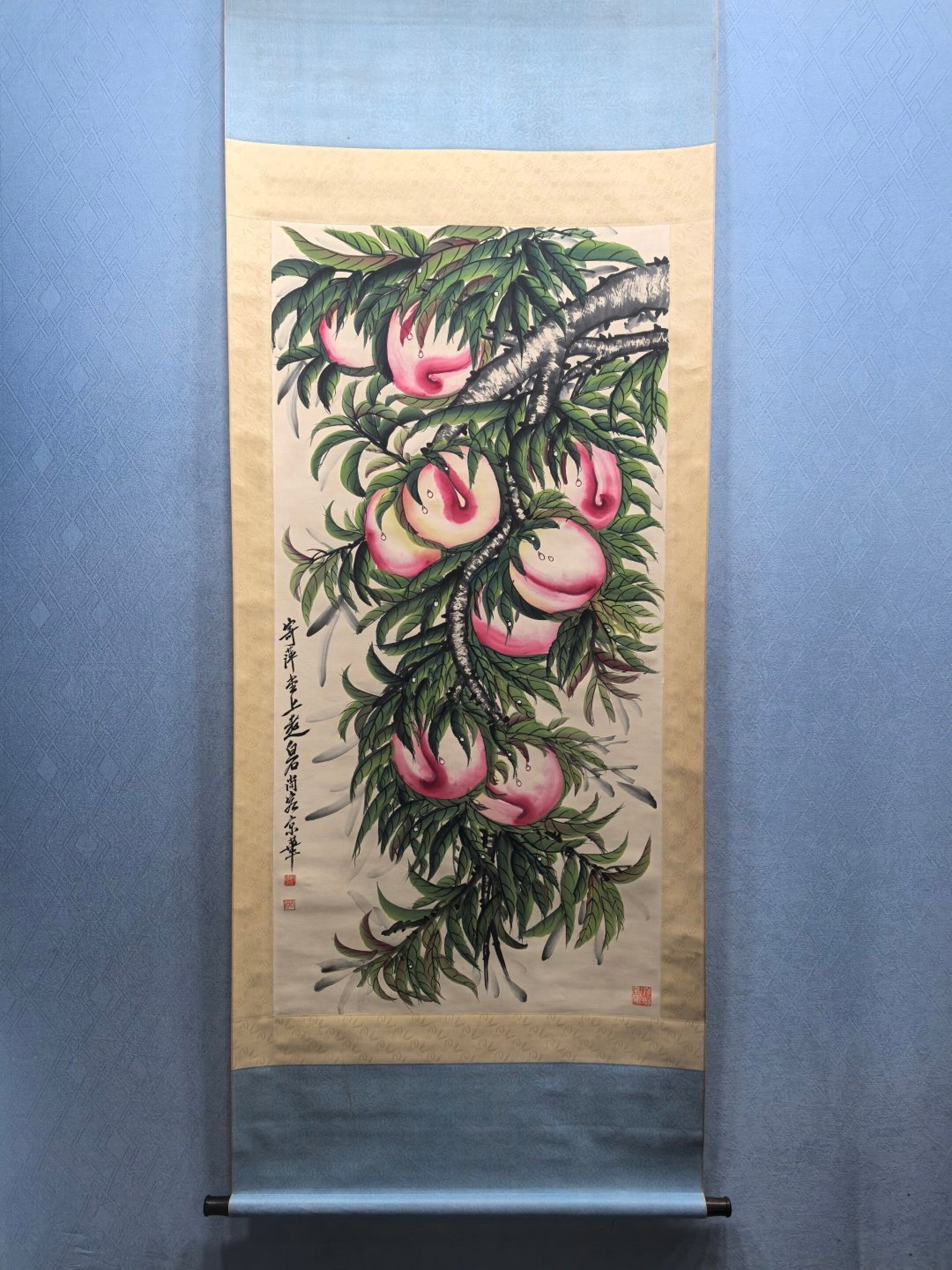 A Chinese Vertical Scroll Ink Painting of Peach on Paper: A Chinese Vertical Scroll Ink Painting of Peach on Paper,Qi Baishi,Size:26.8inx53.7in 一幅中国水墨桃子画立轴,齐白石