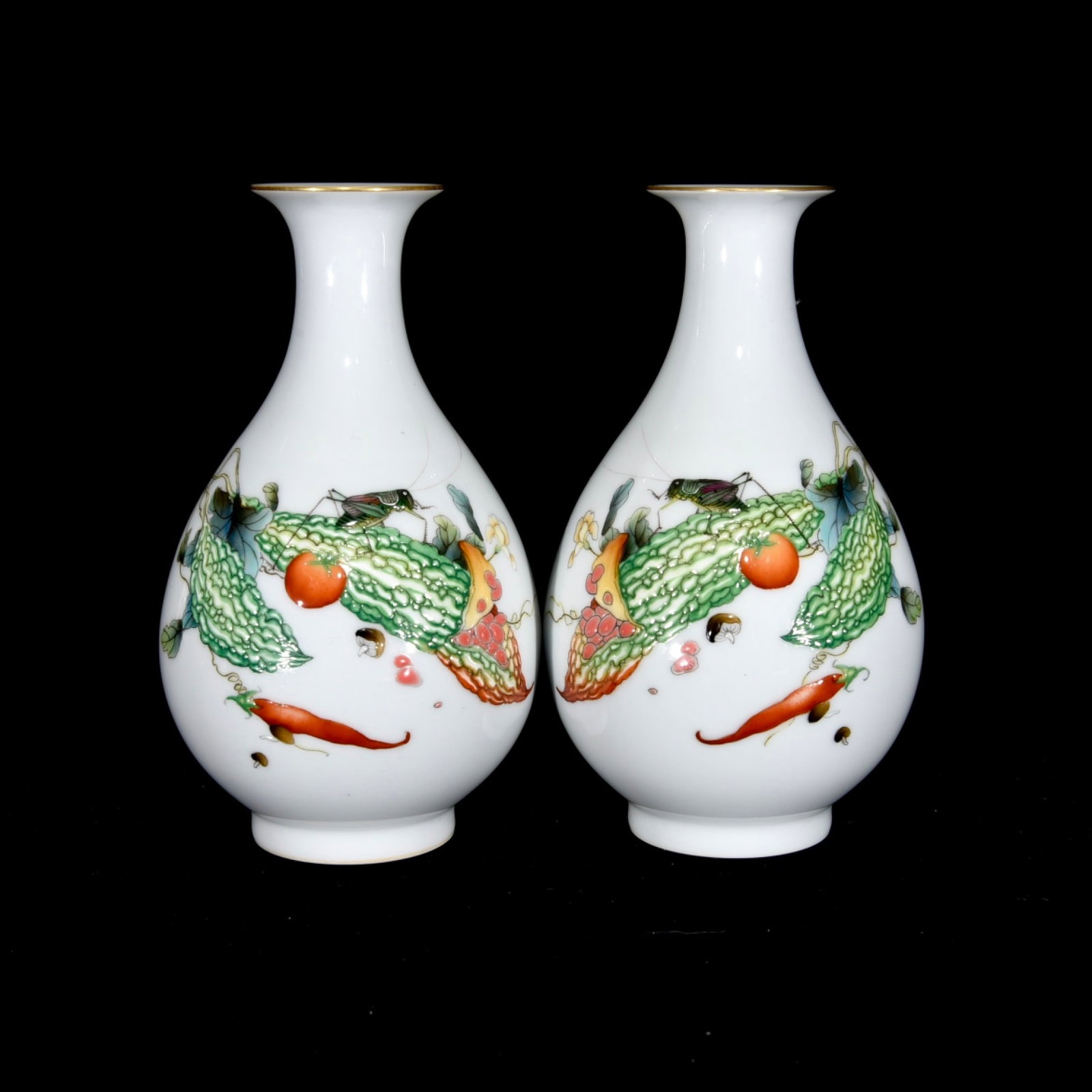 A Pair of Exquisite Enamel Vegetables and Fruit Pattern Vases,with Poem: A Pair of Exquisite Enamel Vegetables and Fruit Pattern Vases,with Poem,Qing Dynasty,China,Yongzheng Four-Character Mark,Size:6.5inx3.7in 一对珐琅彩蔬果ಬ