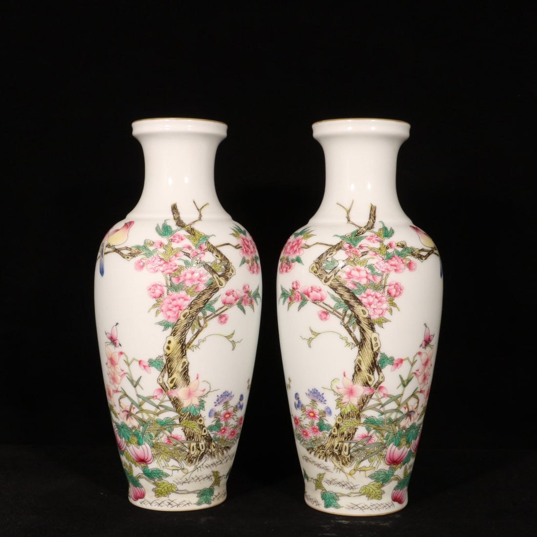 A Pair of Exquisite Enamel Flower and Butterfly Pattern Vases,with poem: A Pair of Exquisite Enamel Flower and Butterfly Pattern Vases,with poem,Qing Dynasty,China,Yongzheng Four-character Mark,Size:9.8inx4.3in 一对珐琅彩花卉උ