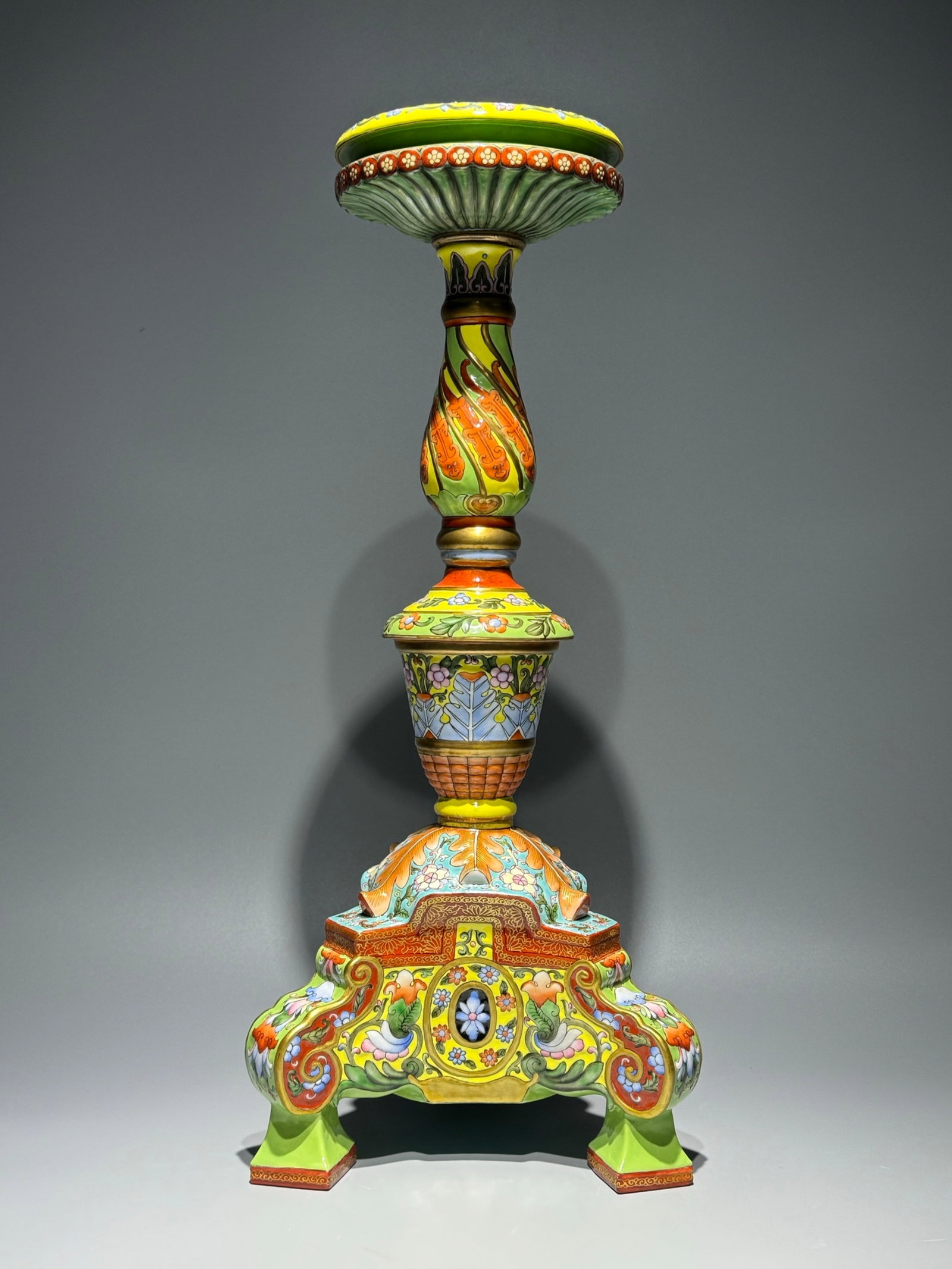A Huge Enamel Painted Gold Flower Pattern Candlestick: A Huge Enamel Painted Gold Flower Pattern Candlestick,Qing Dynasty,China,Yongzheng Four-character Mark,Size:16.9inx8.3in 珐琅彩描金花卉纹烛台