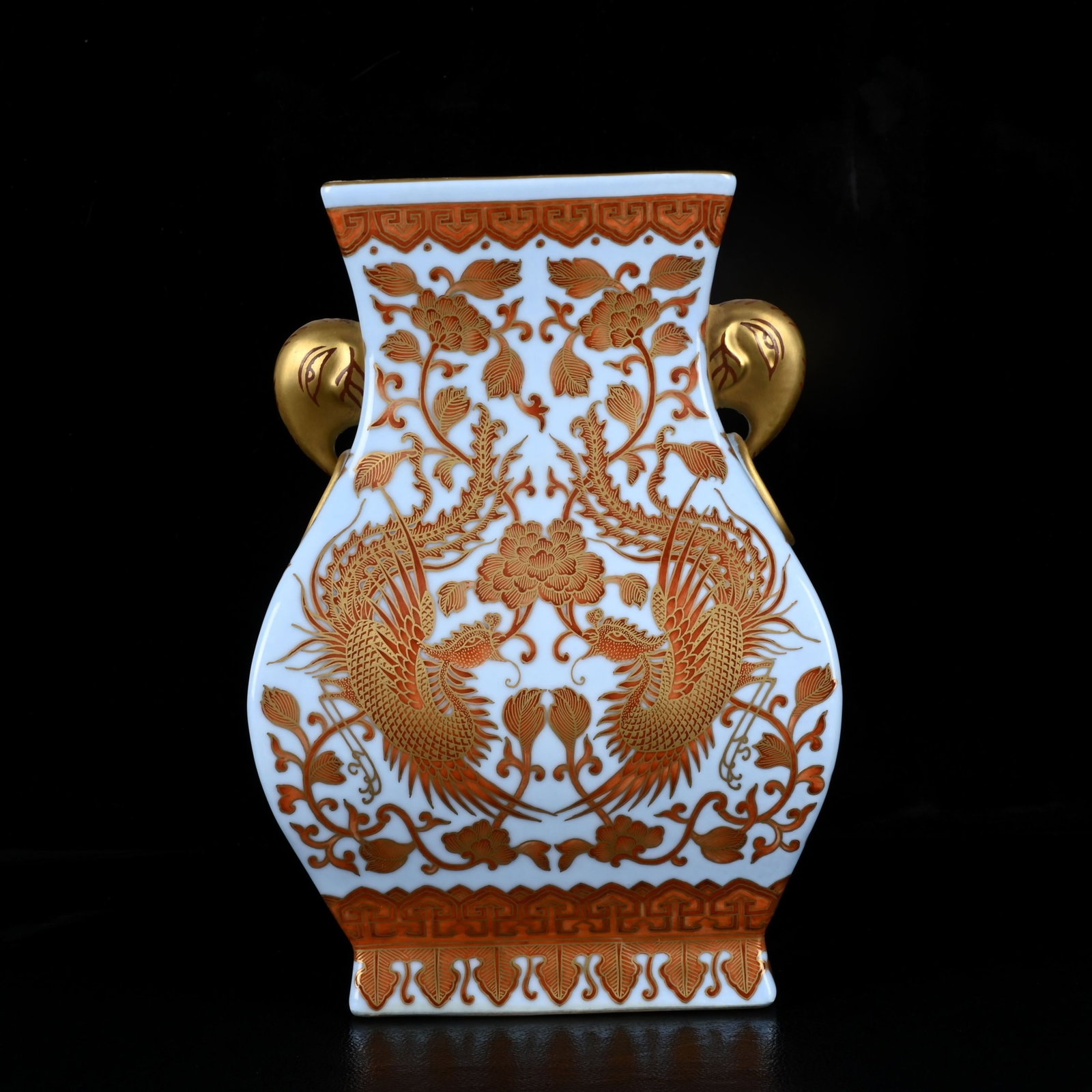 An Exquisite Iron-Red Painted Gold Flower and Phoenix Pattern Beast-Ears Vase: An Exquisite Iron-Red Painted Gold Flower and Phoenix Pattern Beast-Ears Vase,Qing Dynasty,China,Qianlong Six-Character Mark,Size:10inx7.1in 矾红描金花卉凤