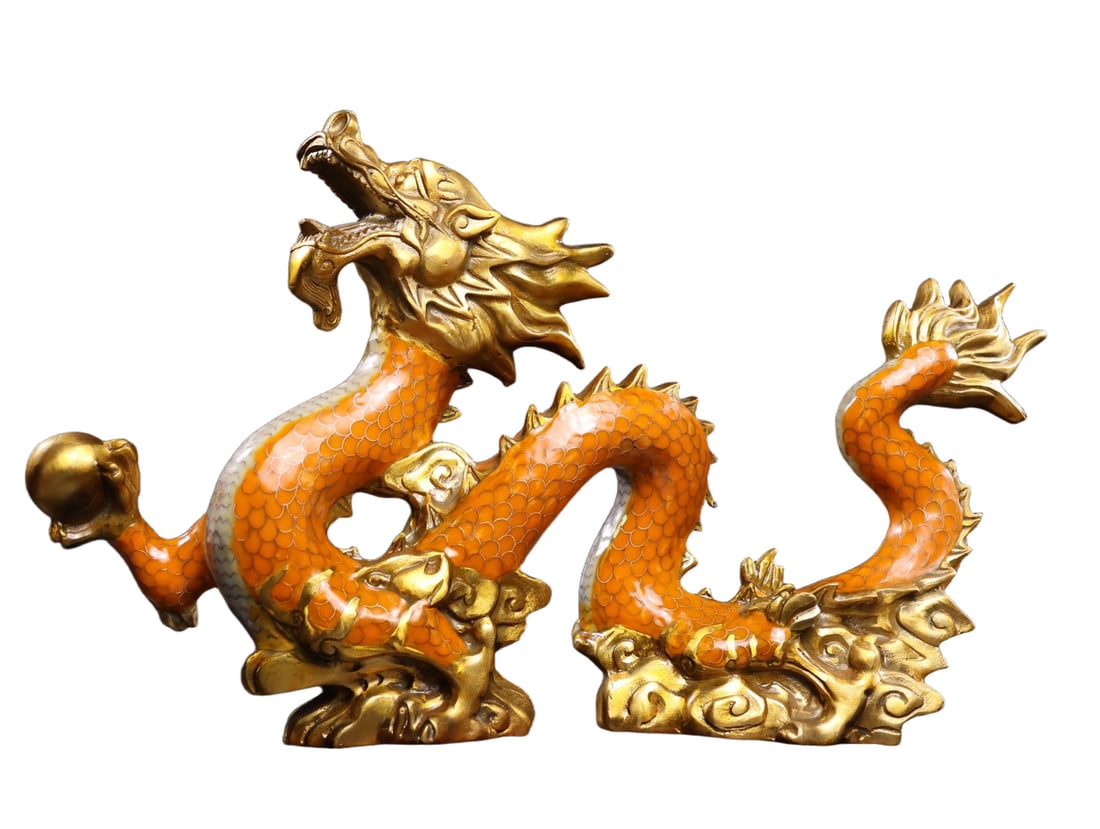 An Exquisite Gilt Bronze Cloisonne Dragon Ornament: An Exquisite Gilt Bronze Cloisonne Dragon Ornament,Qing Dynasty,China,Size:10.2inx17.3inx3.5in,Weight:3000g 铜鎏金景泰蓝龙摆件,中国