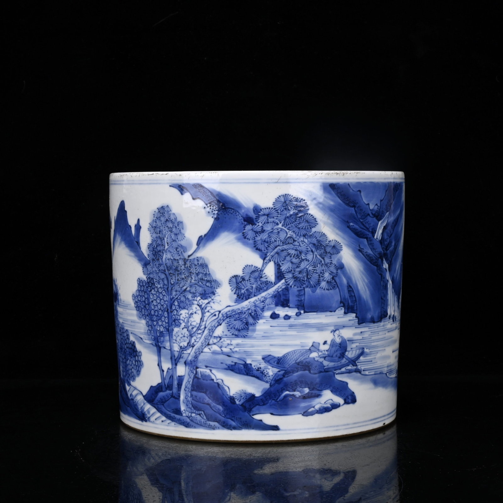 An Exquisite Blue and White Landscape and Figure Pattern Brush Pot: An Exquisite Blue and White Landscape and Figure Pattern Brush Pot,Qing Dynasty,China,Kangxi Six-Character Mark,Size:6.5inx7.9in 青花山水人物纹笔筒