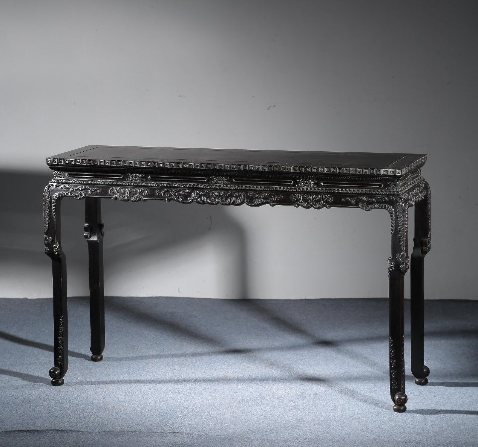 An Exquisite Zitanwood Lotus Pattern Long Table: An Exquisite Zitanwood Lotus Pattern Long Table ,Qing Dynasty, China,Size:50.4inx15inx32.3in 紫檀木缠枝莲纹条案 ,中国清代