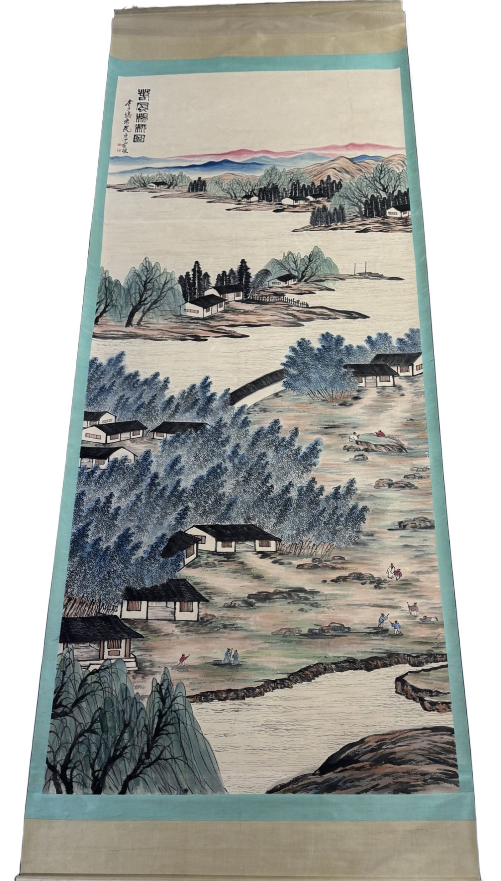 A Chinese Vertical Scroll Ink Painting of Landscape and Figure on Paper: A Chinese Vertical Scroll Ink Painting of Landscape and Figure on Paper,Qi Baishi,Size:78.7inx196.8in 一幅中国水墨山水人物画立&#