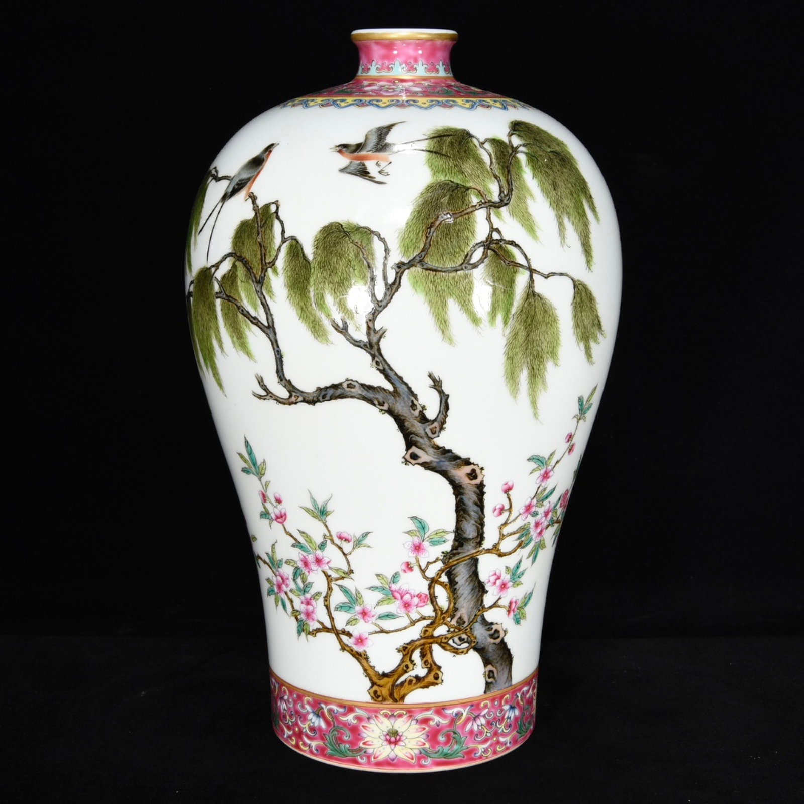 A Rare Famille-Rose Flower and Bird Pattern Vase,with Poem: A Rare Famille-Rose Flower and Bird Pattern Vase,with Poem,Qing Dynasty,China,Yongzheng Six-Character Mark,Size:12.2inx7.5in 粉彩花鸟纹瓶,带诗文,&