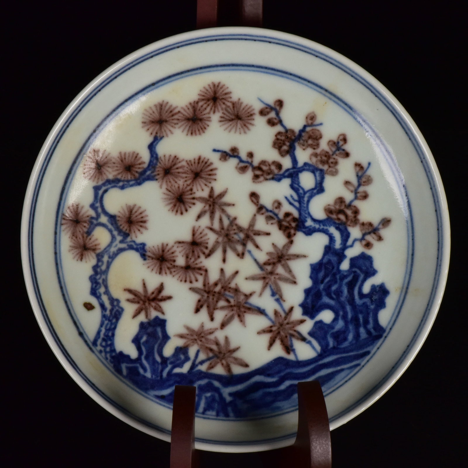 An Exquisite Blue and White Underglaze-Red Pine,Bamboo and Plum Blossom Pattern Plate,with Poem: An Exquisite Blue and White Underglaze-Red Pine,Bamboo and Plum Blossom Pattern Plate,with Poem,Ming Dynasty,China,Xuande Six-Character Mark,Size:1.2inx6.1in 青花釉里红&#