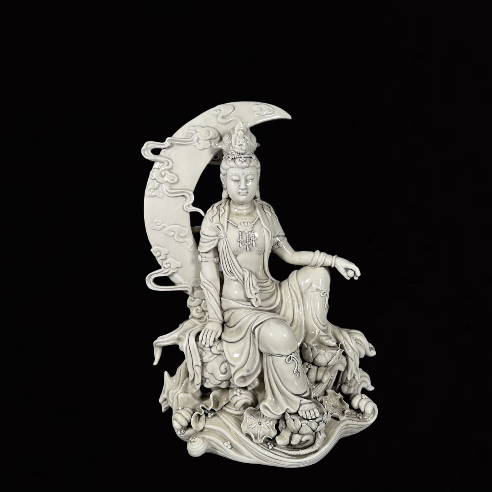 A Solemn Blance-De-Chine Statue of Avalokitesvara: A Solemn Blance-De-Chine Statue of Avalokitesvara,Ming Dynasty,China,He Chaozong Mark,Size:17.3in 德化瓷观音像,中国明代,何朝