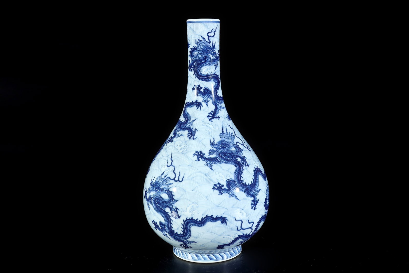 An Exquisite Blue and White Seawater and Dragon Pattern Vase: An Exquisite Blue and White Seawater and Dragon Pattern Vase,Qing Dynasty,China,Yongzheng Six-character Mark,Size:15.4inx8.3in 青花海水龙纹瓶,中国