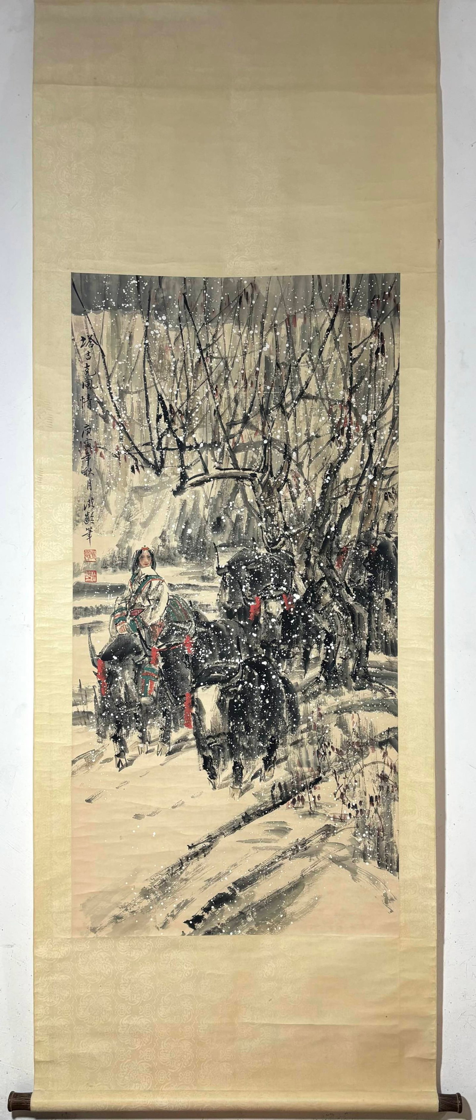 A Chinese Vertical Scroll Ink Painting of Character and Story on Paper: A Chinese Vertical Scroll Ink Painting of Character and Story on Paper,Du Ziling,Size:53.5inx26.4in