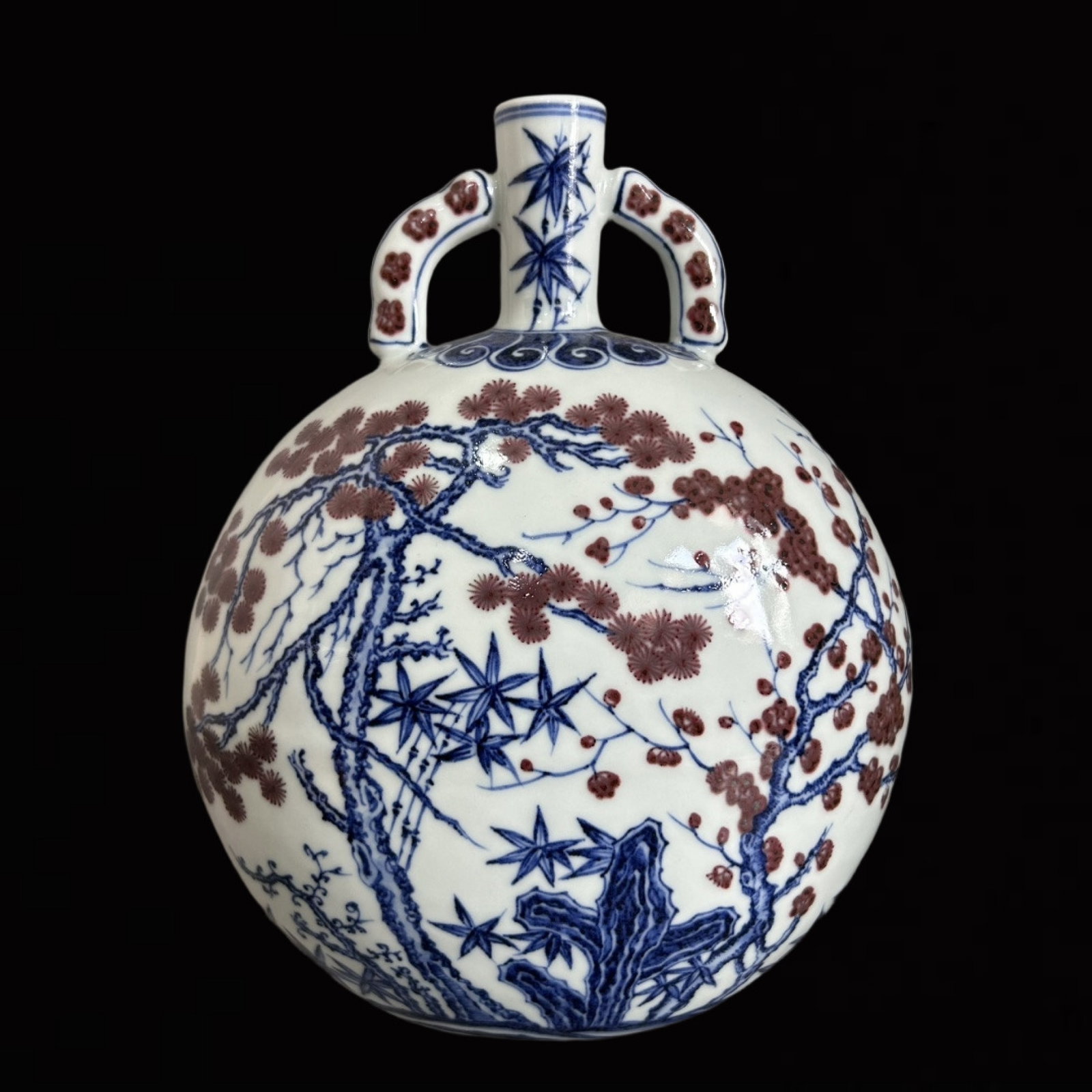 An Exquisite Blue and White Underglaze-Red Pine,Bamboo and Plum Blossom Pattern Double-Ears Vase: An Exquisite Blue and White Underglaze-Red Pine,Bamboo and Plum Blossom Pattern Double-Ears Vase,Qing Dynasty,China,Size:6.9inx9.8in 青花釉里红松竹梅