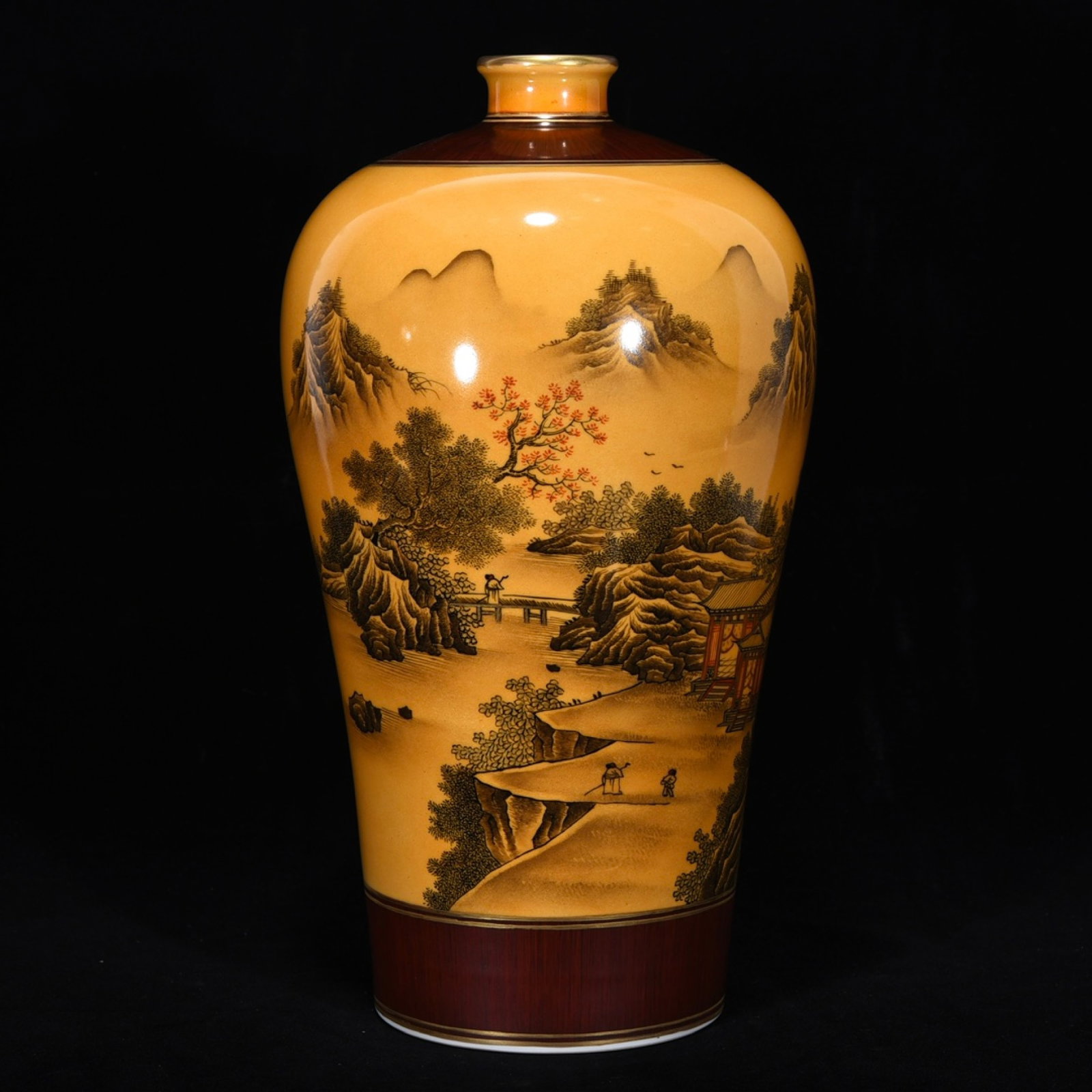 A Rare Yellow Ground Landscape Pattern Vase,With Poem: A Rare Yellow Ground Landscape Pattern Vase,With Poem,Qing Dynasty,China,Yongzheng Six-character Mark,Size:13.6inx7.5in 黄地山水纹瓶,带诗文,ߑ