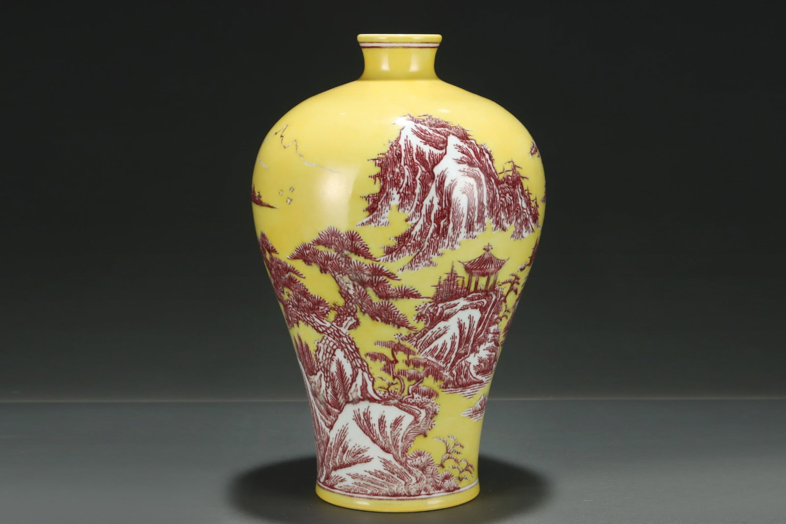 A Rare Yellow Ground Underglaze-Red Landscape Pattern Vase,with Chinese Vertical Scroll Ink Painting: A Rare Yellow Ground Underglaze-Red Landscape Pattern Vase,with Chinese Vertical Scroll Ink Painting on Silk,Qing Dynasty,China,Yongzheng Six-character Mark,Size:(Porcelain)14inx8.9in,(Without frame)2