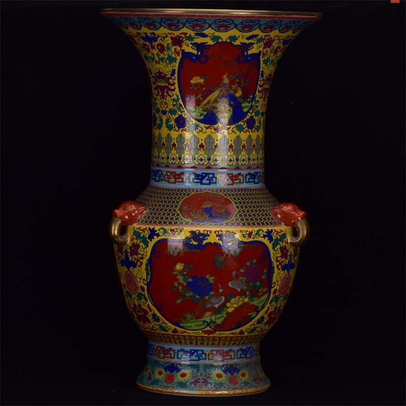 A Huge Enamel Yellow Glazed Flower and Bird Pattern Vase: A Huge Enamel Yellow Glazed Flower and Bird Pattern Vase,Qing Dynasty,China,Qianlong Four-Character Mark,Size:21.7inx12.6in 珐琅彩黄釉花鸟纹瓶,