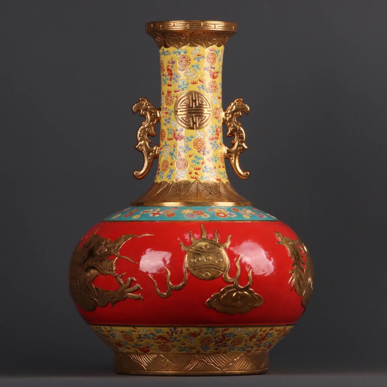 A Huge Enamel Gilt Dragon and Phoenix Pattern Dragon-Ears Vase: A Huge Enamel Gilt Dragon and Phoenix Pattern Dragon-Ears Vase,Qing Dynasty, China,Qianlong Six-character Mark,Size:18.9inx12.6in 珐琅彩鎏金龙凤纹࿵