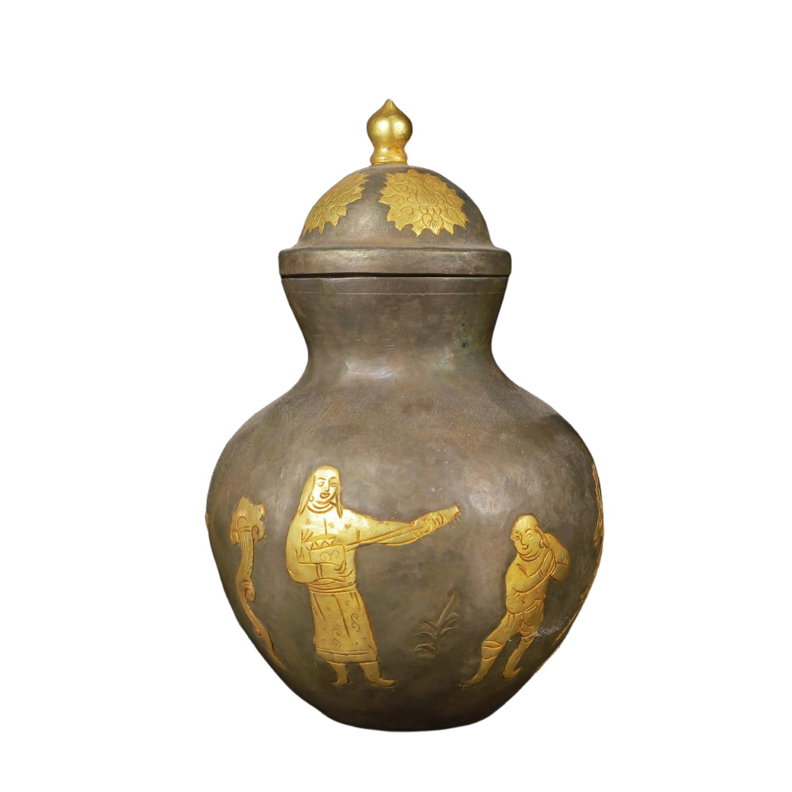 An Exquisite Gilt Silver Figure Pattern Gourd Vase: An Exquisite Gilt Silver Figure Pattern Gourd Vase,Tang Dynasty,China,Zhenguan Four-Character Mark,Size:3.9inx6.3in,Weight:400g