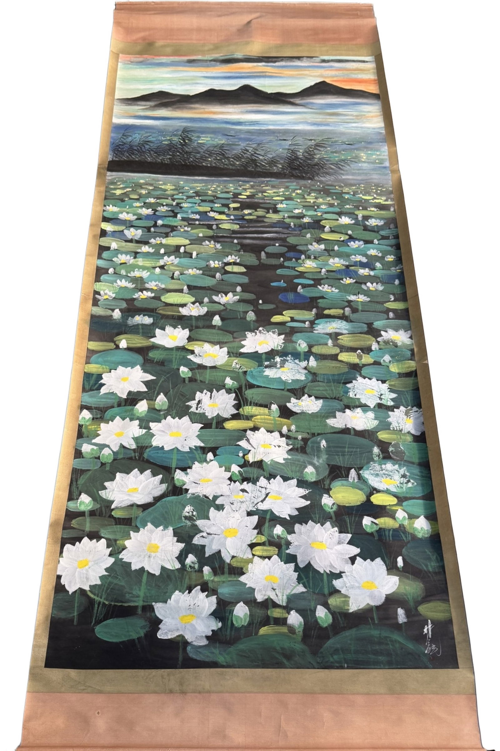 A Chinese Vertical Scroll Ink Painting of Lotus on Paper: A Chinese Vertical Scroll Ink Painting of Lotus on Paper,Lin Fengmian,Size:78.7inx196.8in 一幅中国水墨荷花画立轴,林风İ