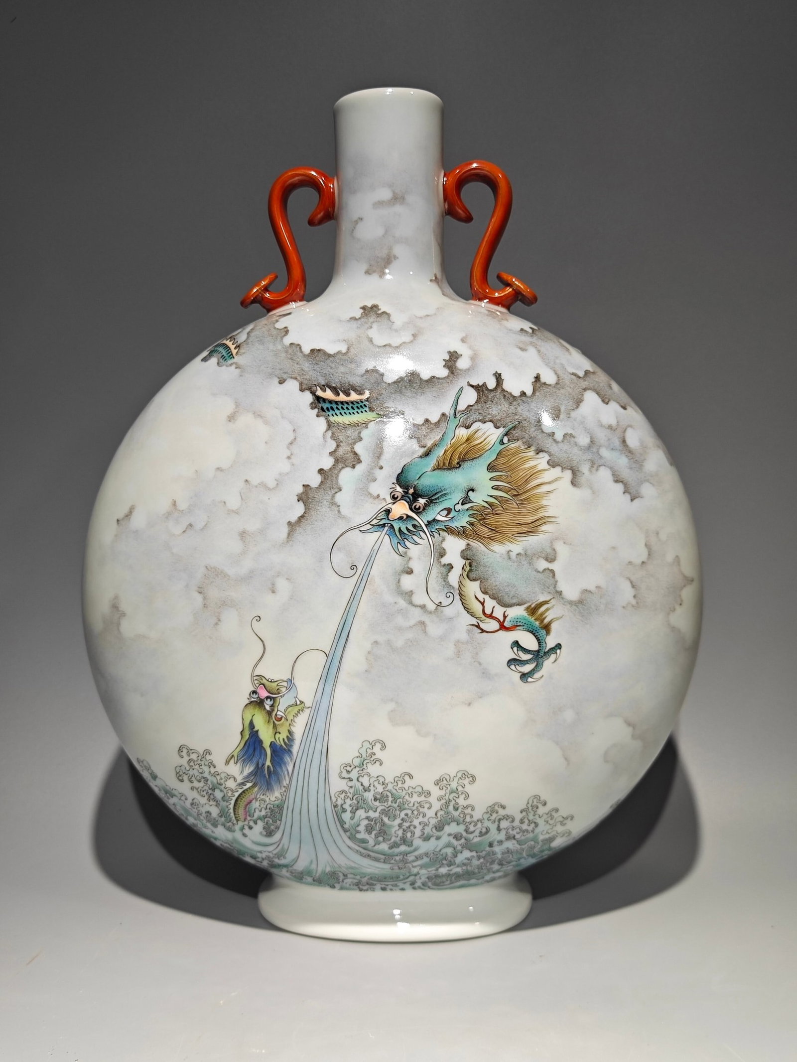A Rare Famille-Rose Seawater and Dragon Pattern Double-Ears Vase,with poem: A Rare Famille-Rose Seawater and Dragon Pattern Double-Ears Vase,with poem,Qing Dynasty,China,Yongzheng Four-character Mark,Size:13.5inx10.4in 粉彩海水龙纹双&