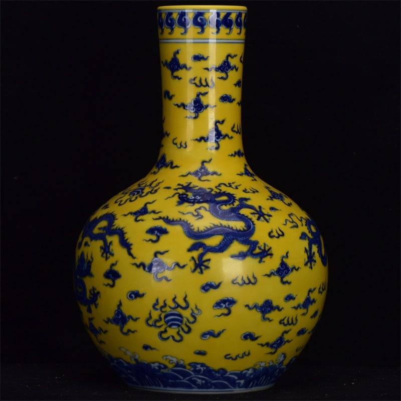 A Rare Yellow Glazed Blue and White Auspicious Cloud and Dragon Pattern Vase: A Rare Yellow Glazed Blue and White Auspicious Cloud and Dragon Pattern Vase,Ming Dynasty,China,Chenghua Six-Character Mark,Size:12inx7.5in 黄釉青花祥云龙 