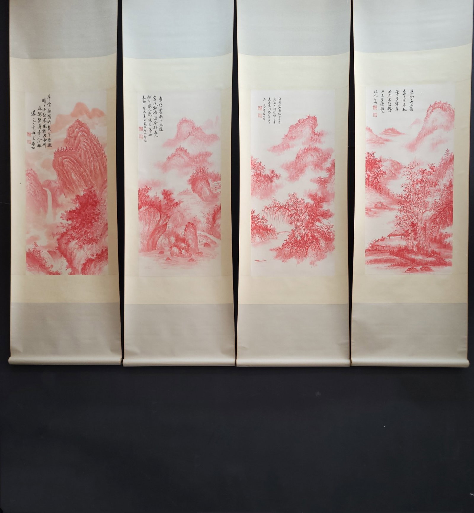 A Set of Chinese Vertical Scroll Ink Painting of Landscape on Paper: A Set of Chinese Vertical Scroll Ink Painting of Landscape on Paper,Qi Gong,Size:17.3inx37.8in*4 一套中国水墨山水画立轴,启ࡃ