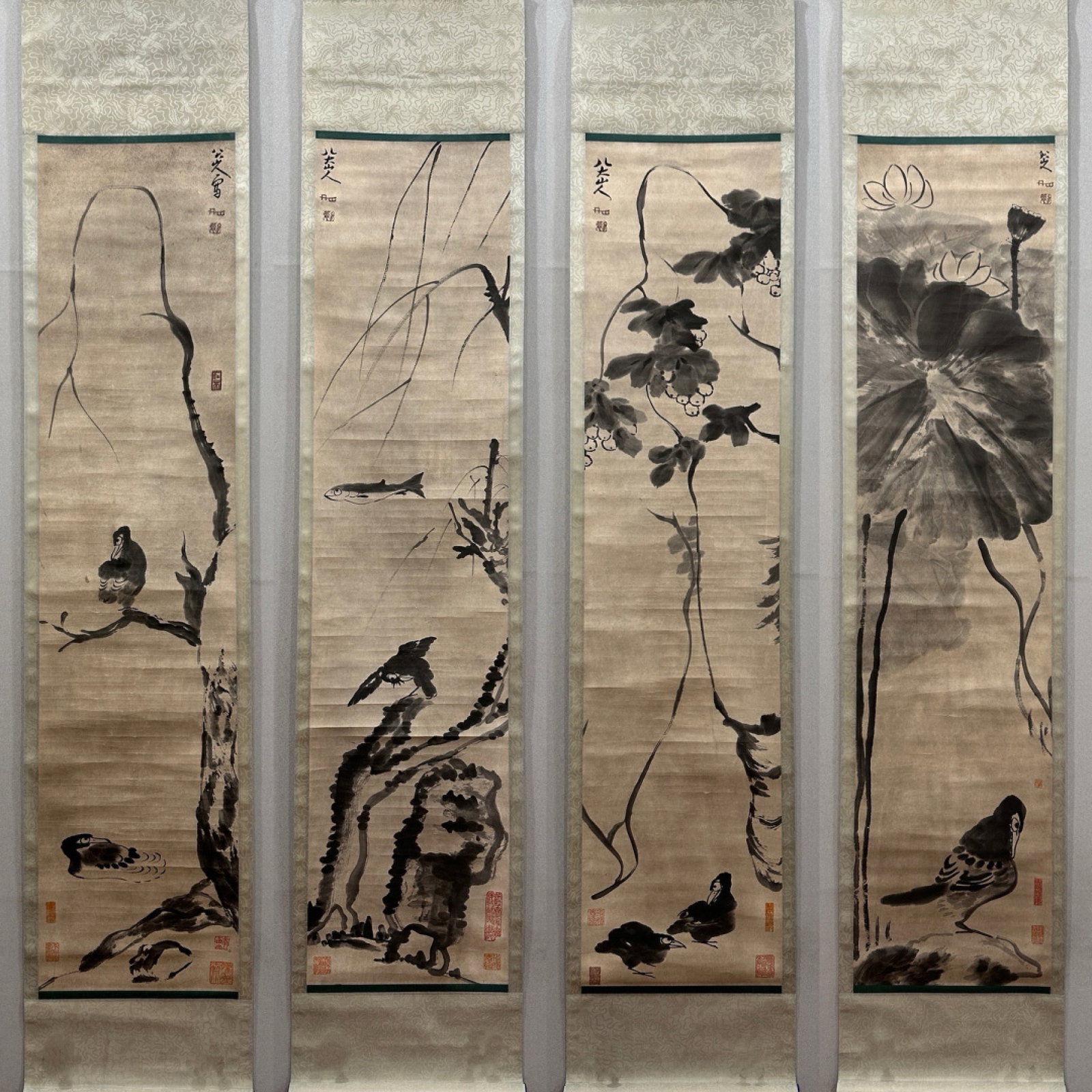 A Set of Chinese Vertical Scroll Ink Painting of Flower and Bird on Paper: A Set of Chinese Vertical Scroll Ink Painting of Flower and Bird on Paper,Bada Shanren,Size:12.2inx53.1in