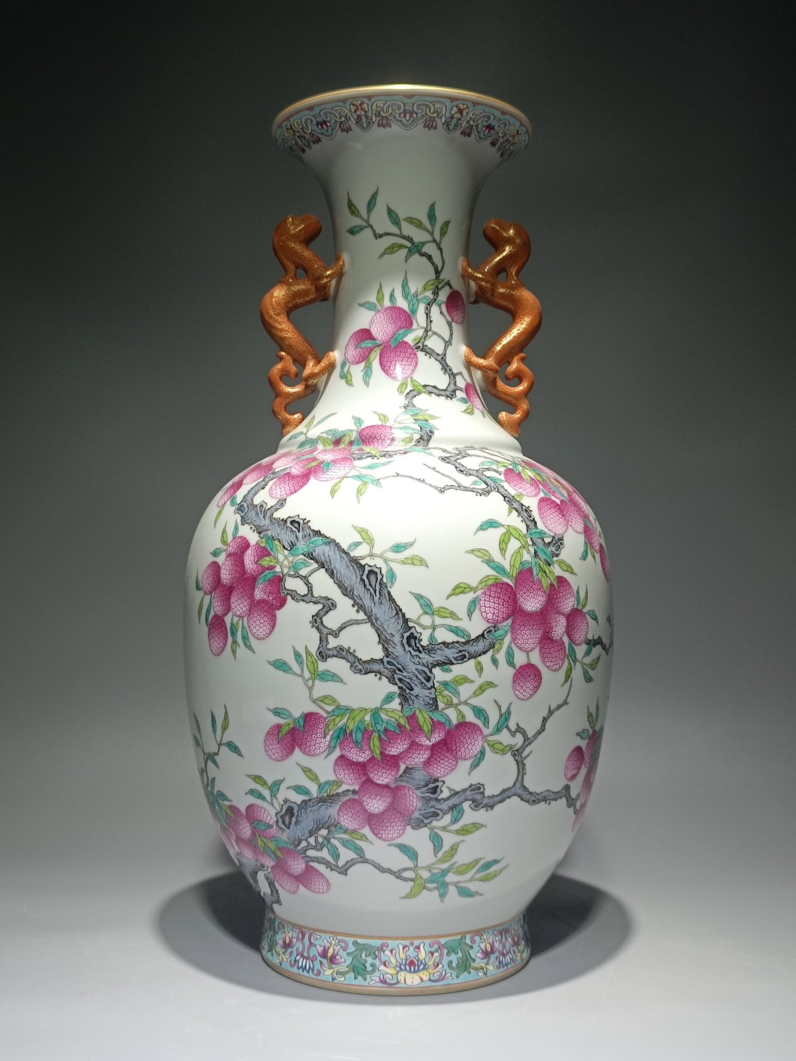 A Huge Enamel Litchi Pattern Double-Ears Vase: A Huge Enamel Litchi Pattern Double-Ears Vase,Qing Dynasty,China,Qianlong Six-character Mark,Size:16.7inx8.9in 珐琅彩荔枝纹双耳瓶,中国
