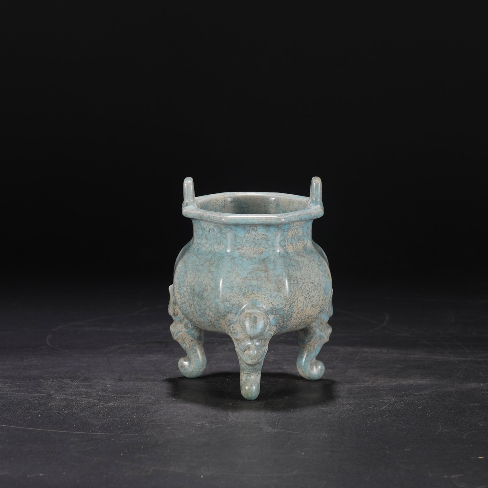 An Exquisite Ru yao Sky Blue Glazed Double-Ears and Tripod Censer: An Exquisite Ru yao Sky Blue Glazed Double-Ears and Tripod Censer,Song Dynasty,China,Size:6.3inx4.7in 汝窑天蓝釉双耳三足香炉,中&