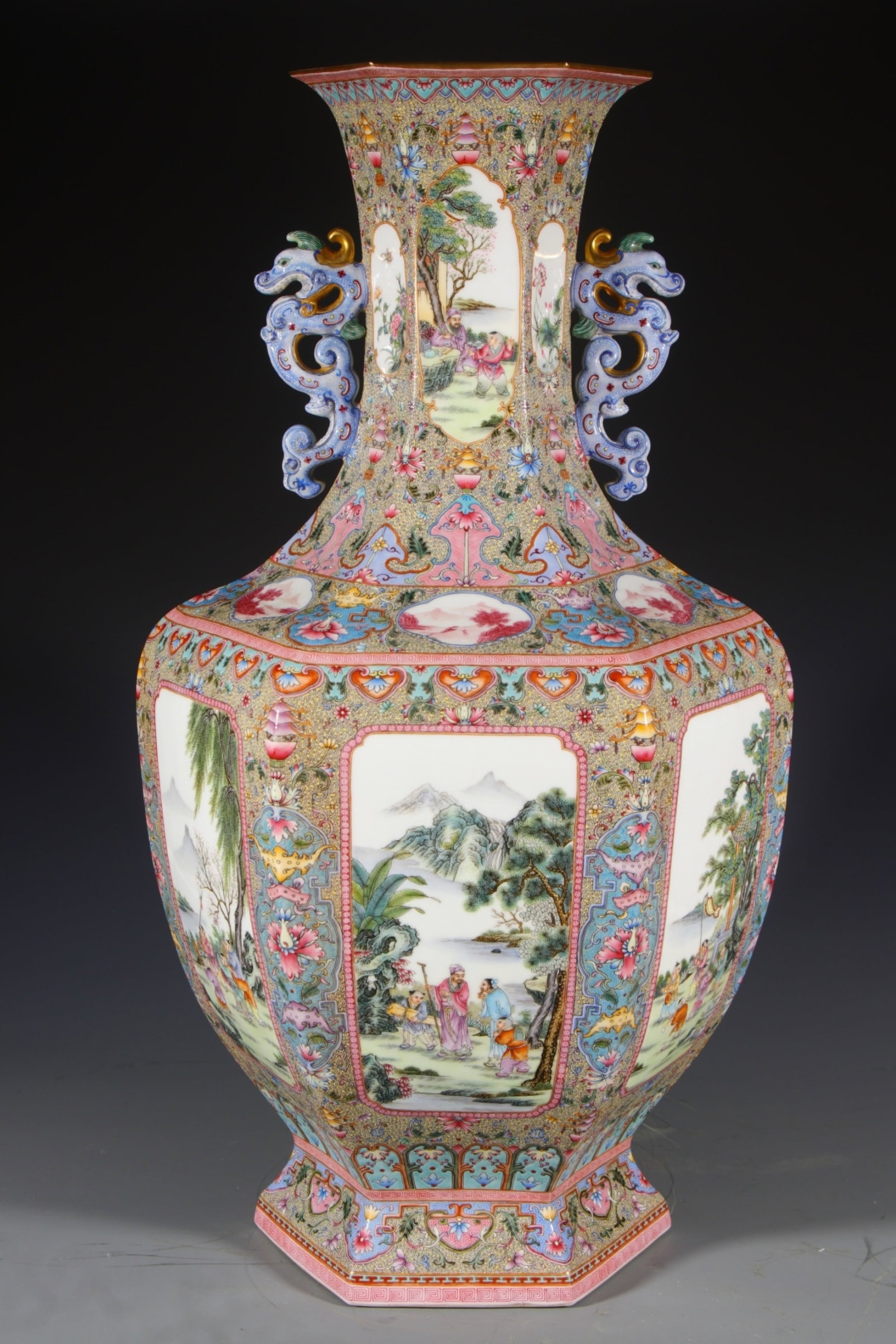 An Exquisite Enamel Landscape and Figure Pattern Double-Ears Vase: An Exquisite Enamel Landscape and Figure Pattern Double-Ears Vase,Qing Dynasty,China,Qianlong Four-character Mark,Size:24.6inx9.1in 珐琅彩山水人物纹