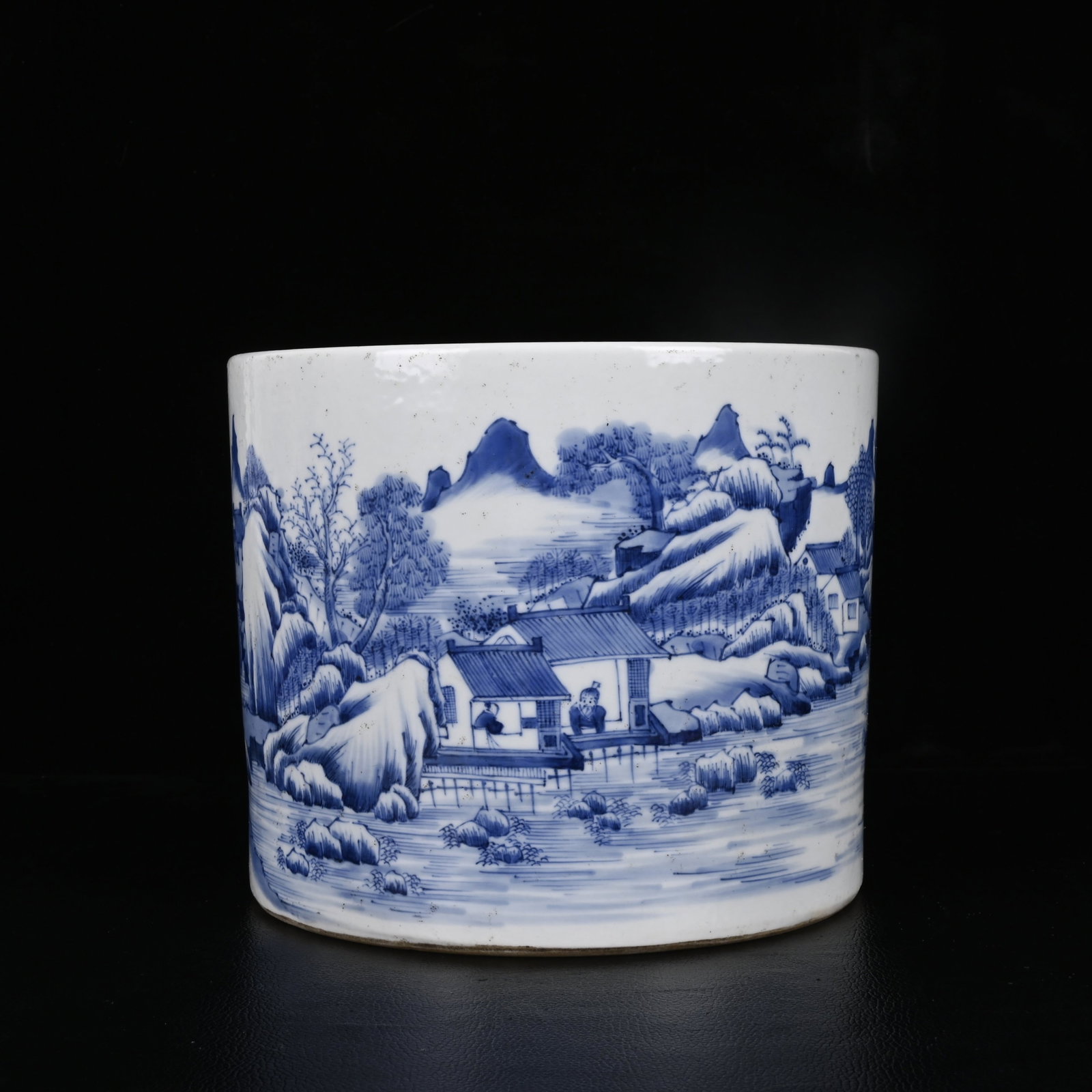 An Exquisite Blue and White Landscape and Figure Pattern Brush Pot: An Exquisite Blue and White Landscape and Figure Pattern Brush Pot,Qing Dynasty,China,Kangxi Six-character Mark,Size:6.7inx7.9in 青花山水人物纹笔筒